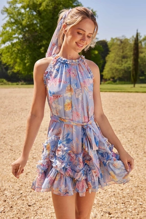 Mariannes Floral Chiffon Sleeveless Micro Mini Dress Modern Chic