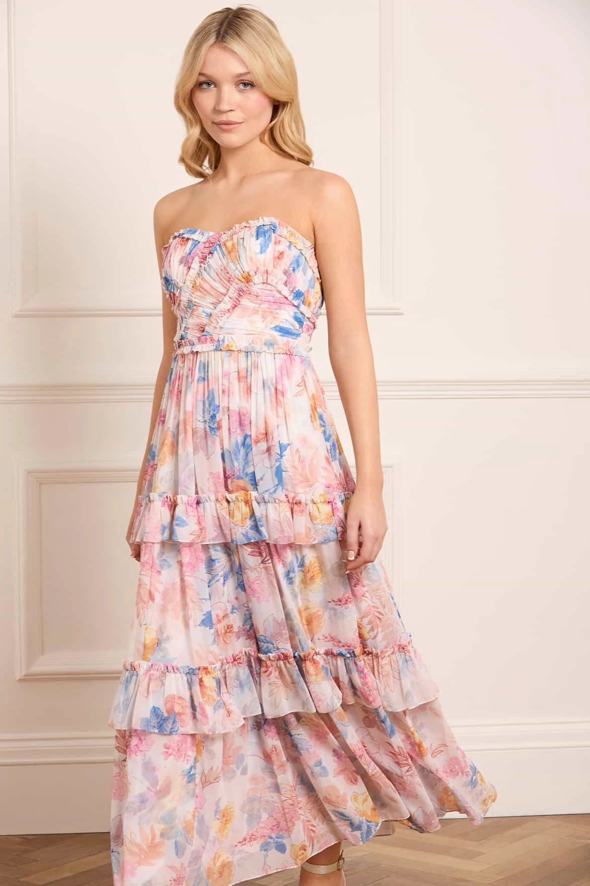 Mariannes Floral Chiffon Strapless Ankle Gown Urban Favorite
