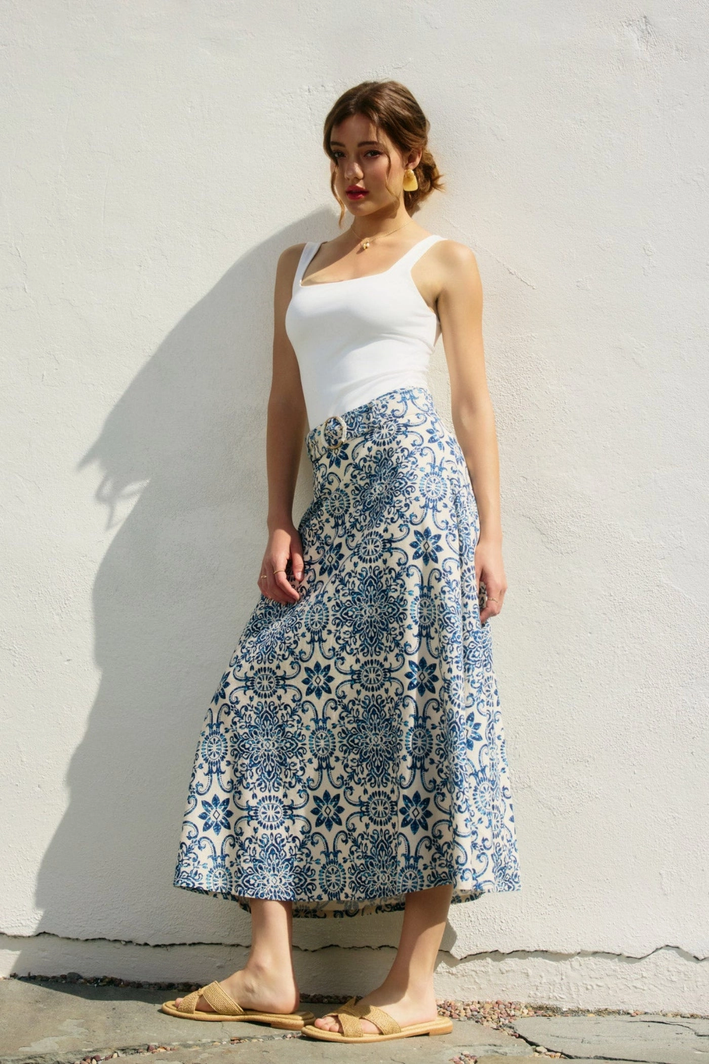 Pleated design Invisible Seams MARISSA MOSAIC BELTED MIDI SKIRT