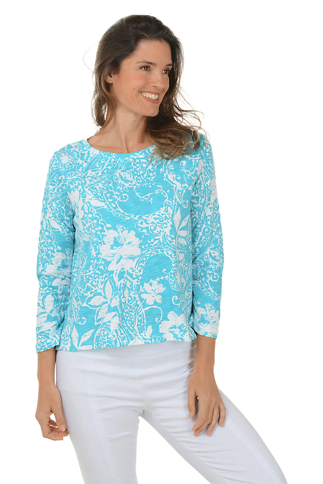 Maui Paisley Scroll 3/4 Sleeve Knit Top Outdoor Apparel