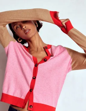 LowImpact Dye Casual Layer Meg Raglan Sleeve Cardigan-Camel, Pink Colour Block