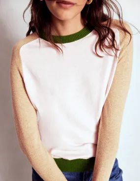 Meg Raglan Sleeve Jumper-Pink, Green Colour Block Jacquard Pattern Seasonal Wear