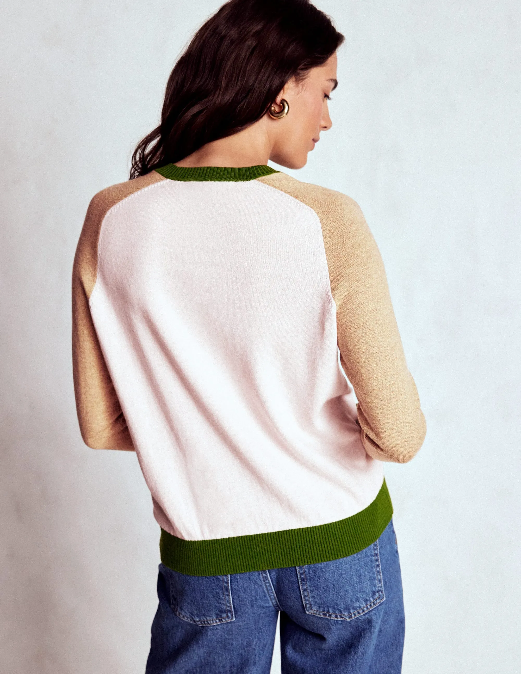 Meg Raglan Sleeve Jumper-Pink, Green Colour Block Quiet Style AntiStatic Lining