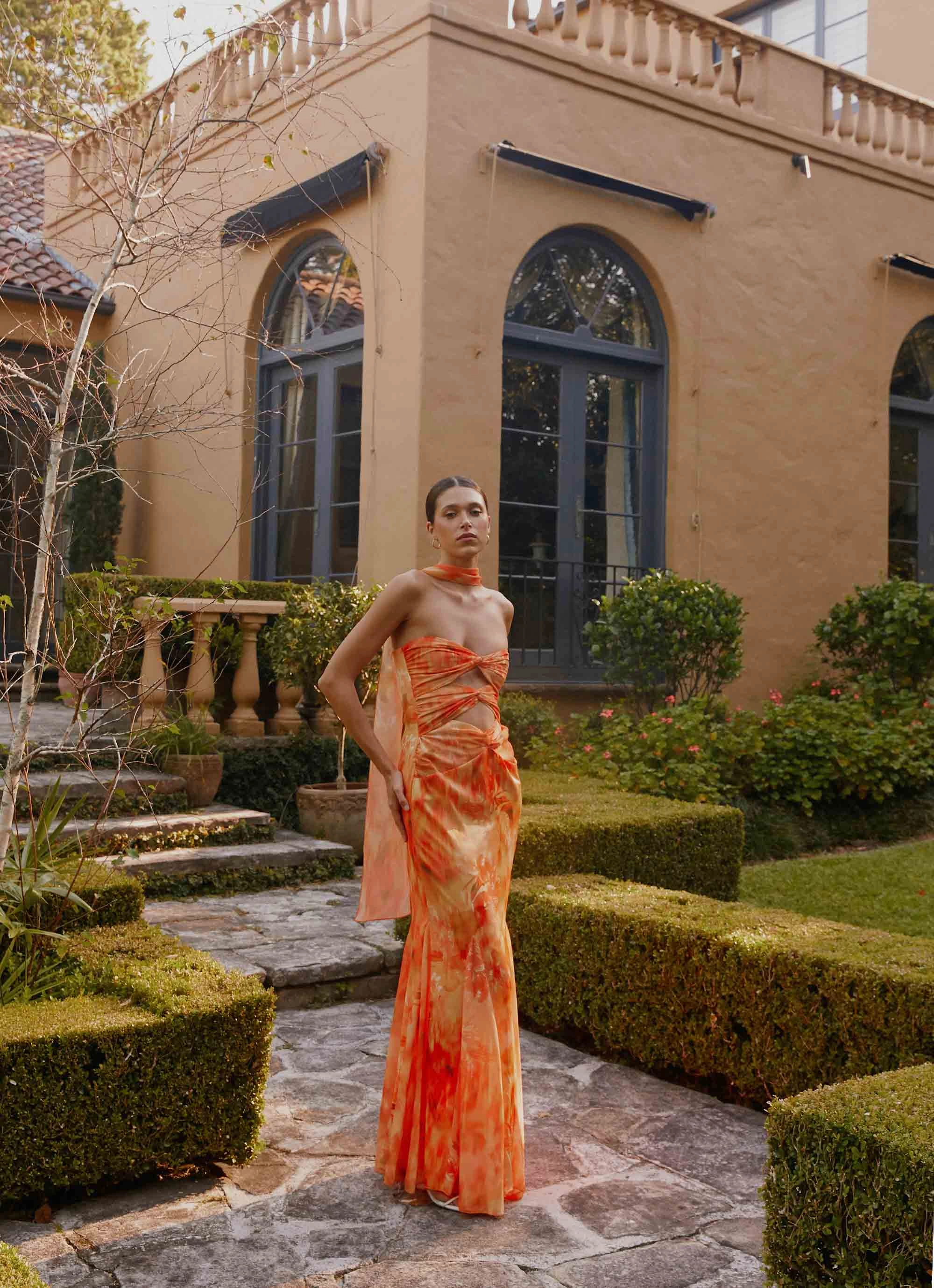 Melrose Satin Chiffon Maxi Dress - Sunset Floral