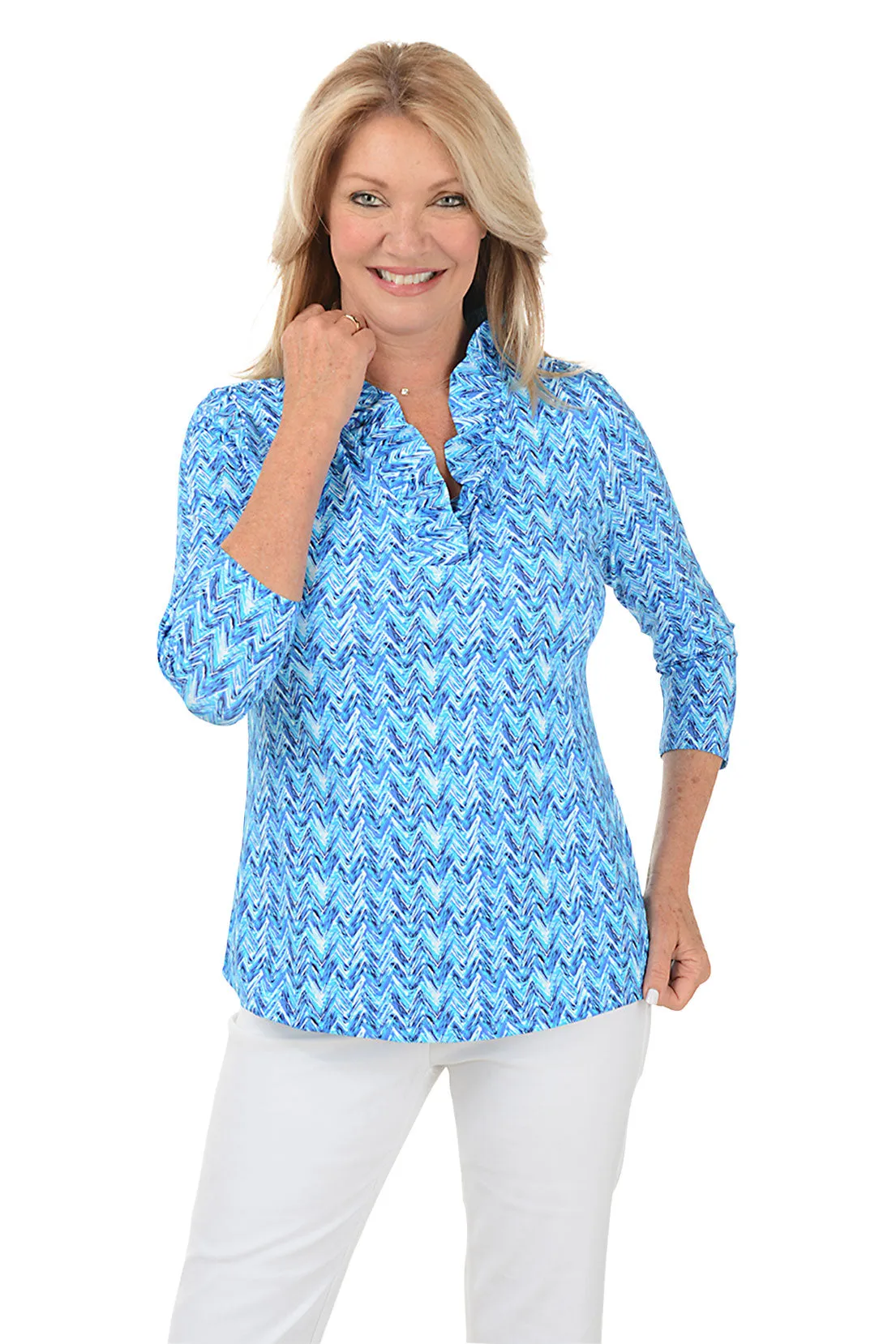 Taped Neckline Friction Resistant Finish Blue Chevron Ruffle Neck UPF50  Top