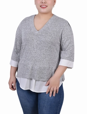 RibbedTrims Plus Size Long Sleeve 2-In 1 Top