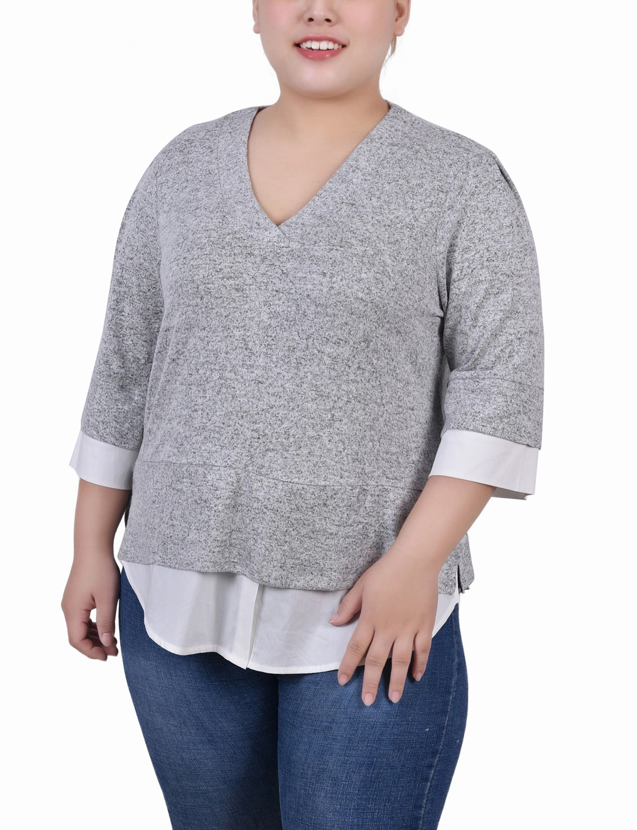 Plus Size Long Sleeve 2-In 1 Top LayeringFriendly Weight Trendy Shirt