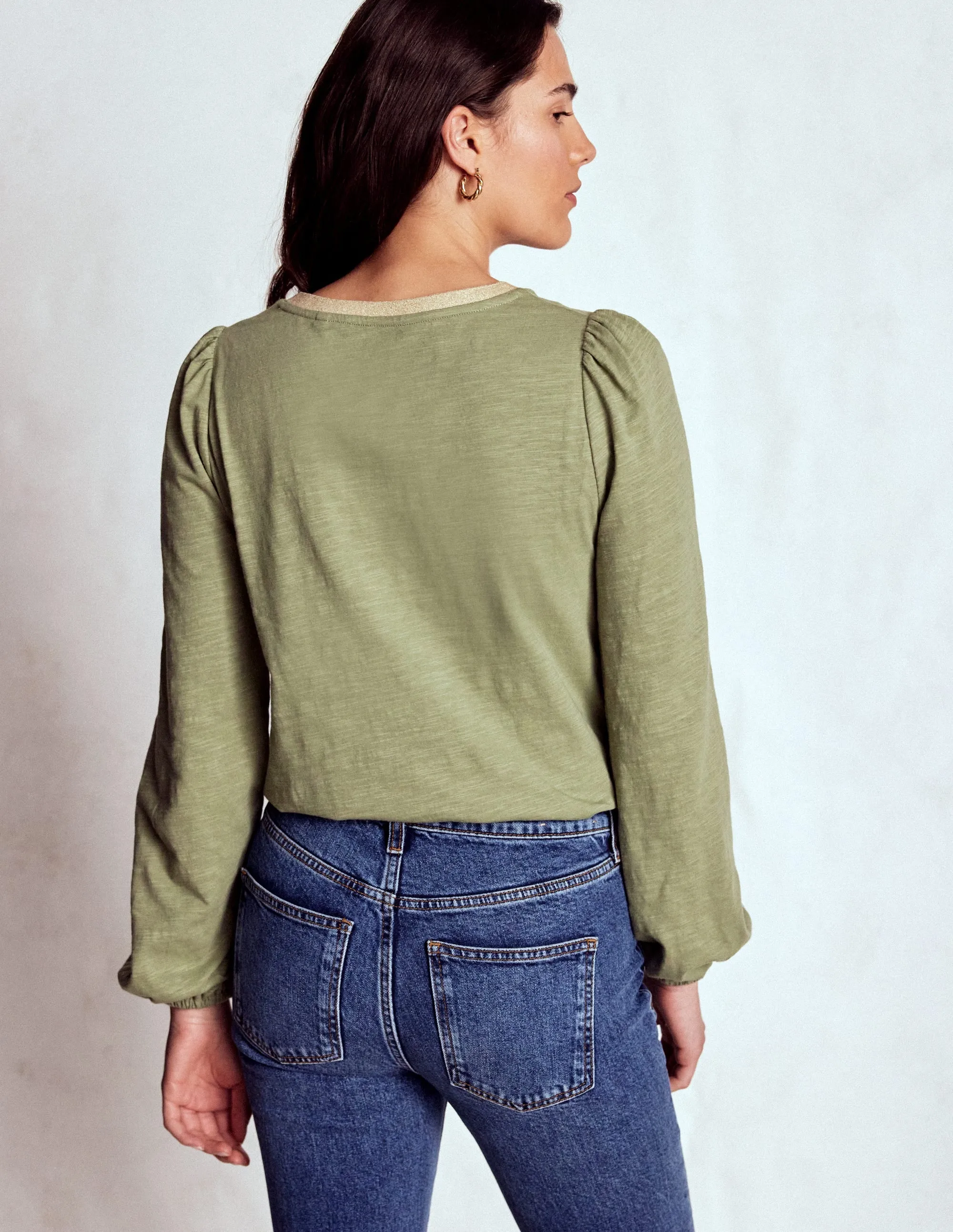 Chic Sweater Metallic Trim Long Sleeve Top-Larch Green