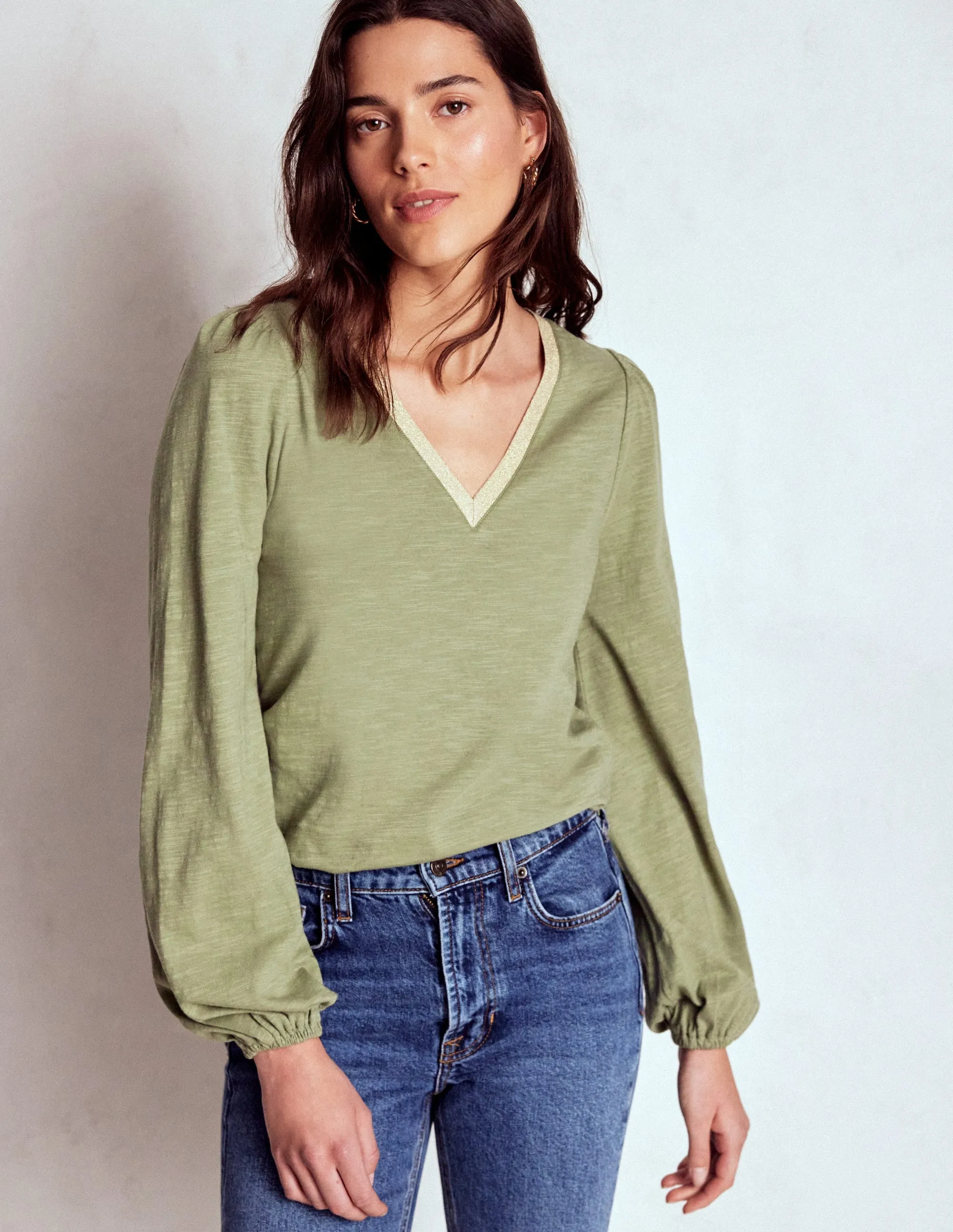 Smooth Interior Lining Metallic Trim Long Sleeve Top-Larch Green