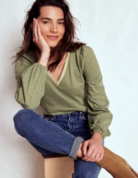 Machine Washable Fabric Tear Resistant Fiber Blend Metallic Trim Long Sleeve Top-Larch Green