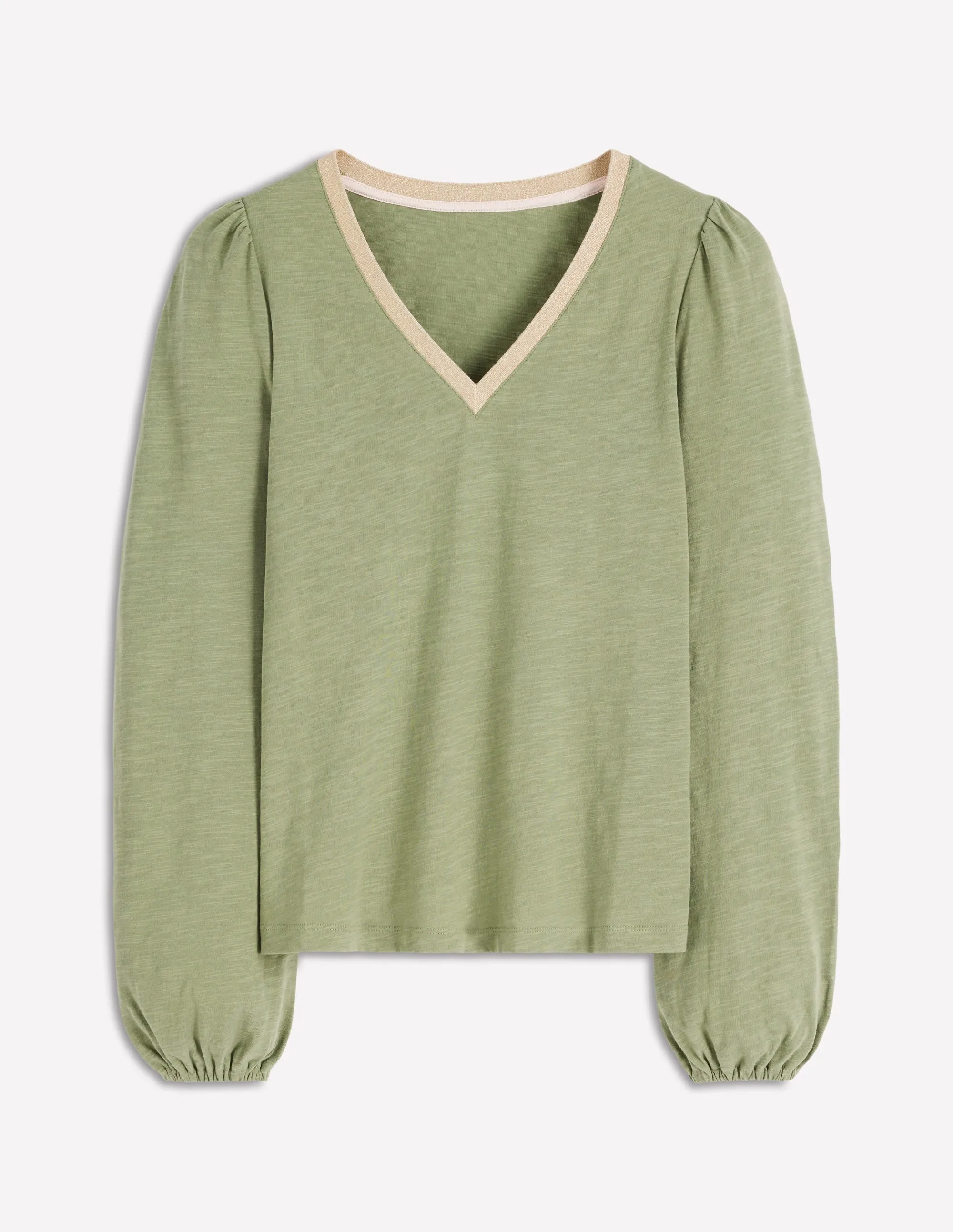 Organic Cotton Fiber Low Profile Zipper Closure Metallic Trim Long Sleeve Top-Larch Green