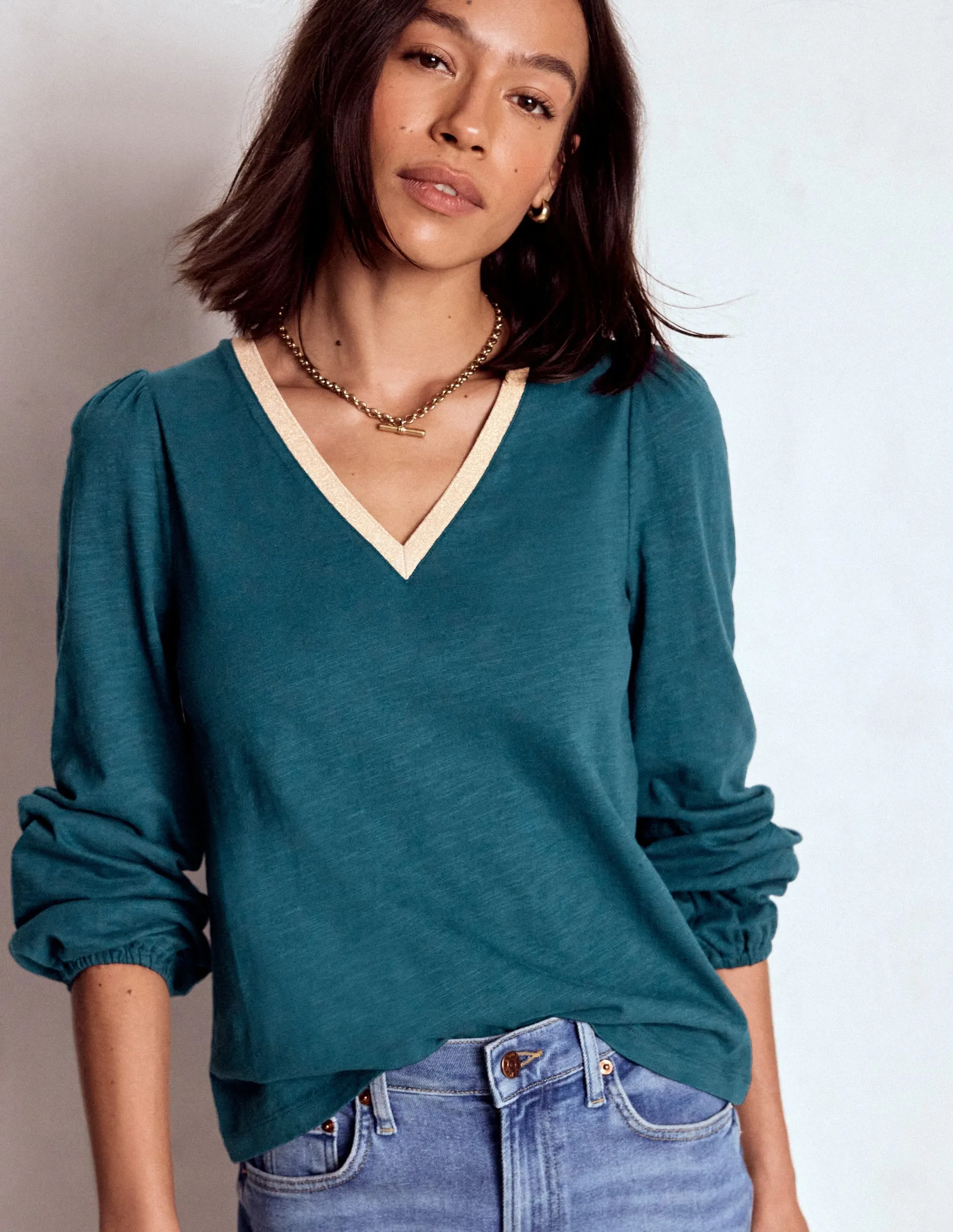 Biodegradable Fiber Metallic Trim Long Sleeve Top-Midnight Teal