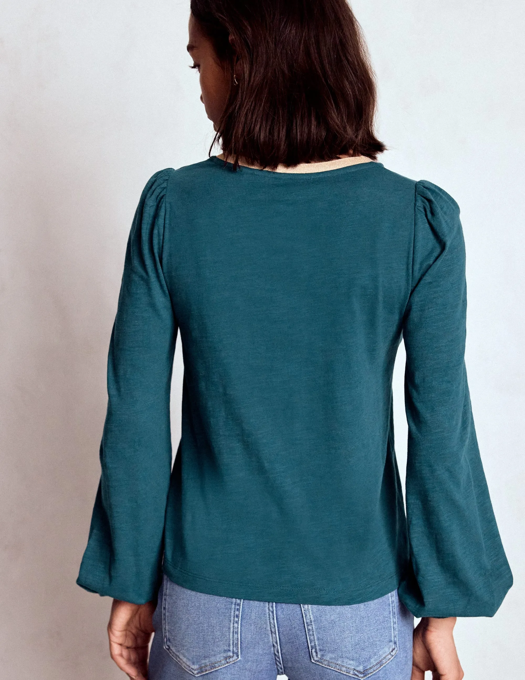 Metallic Trim Long Sleeve Top-Midnight Teal Contrast Stitch Detailing
