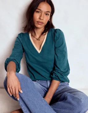 Metallic Trim Long Sleeve Top-Midnight Teal ThermalInsulation Recycled Polyester