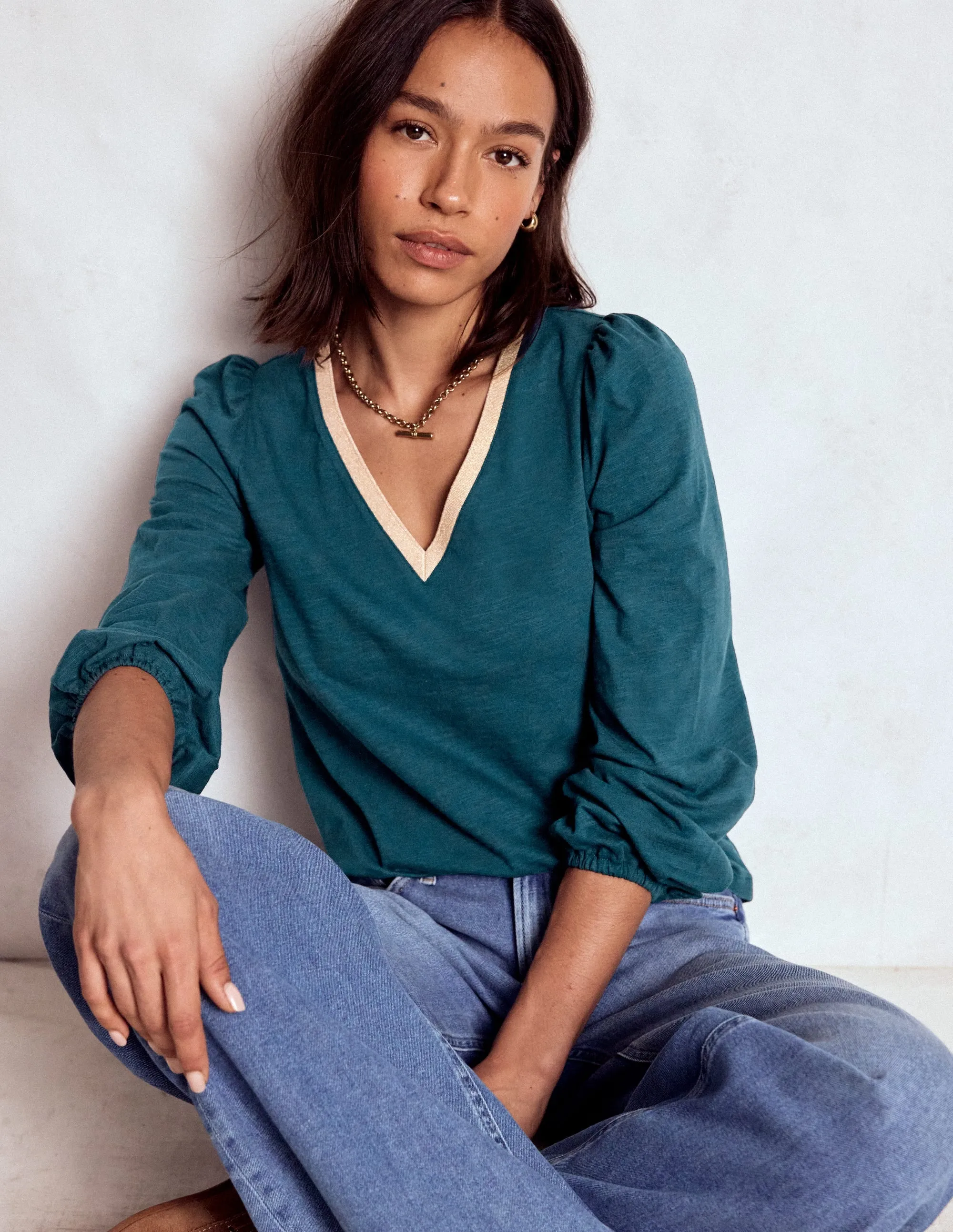 Metallic Trim Long Sleeve Top-Midnight Teal ThermalInsulation Recycled Polyester