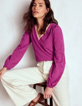 Metallic Trim Long Sleeve Top-Rich Magenta DropShoulder Ultraviolet Protection Fabric