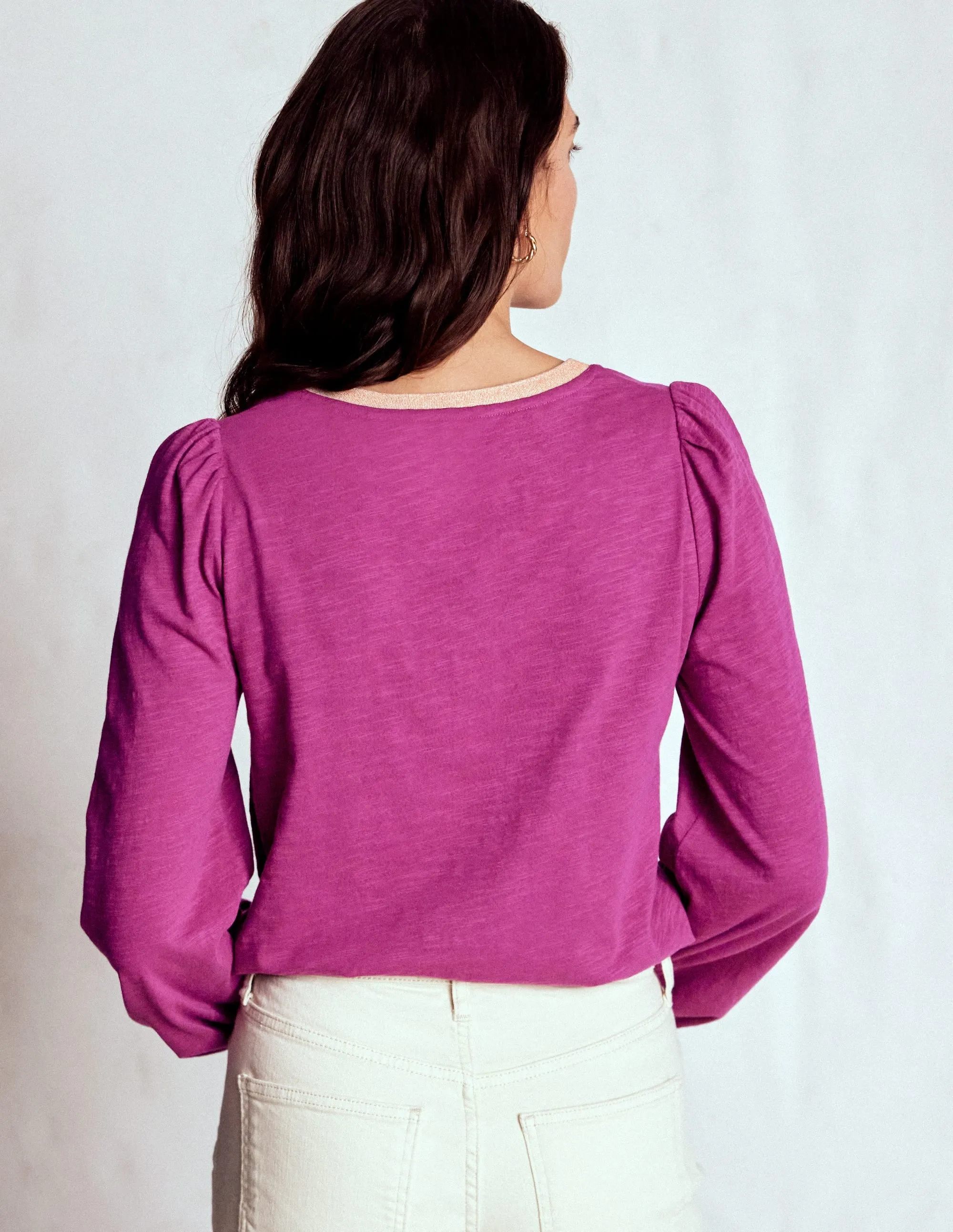 Metallic Trim Long Sleeve Top-Rich Magenta Reinforced Shoulder Seams