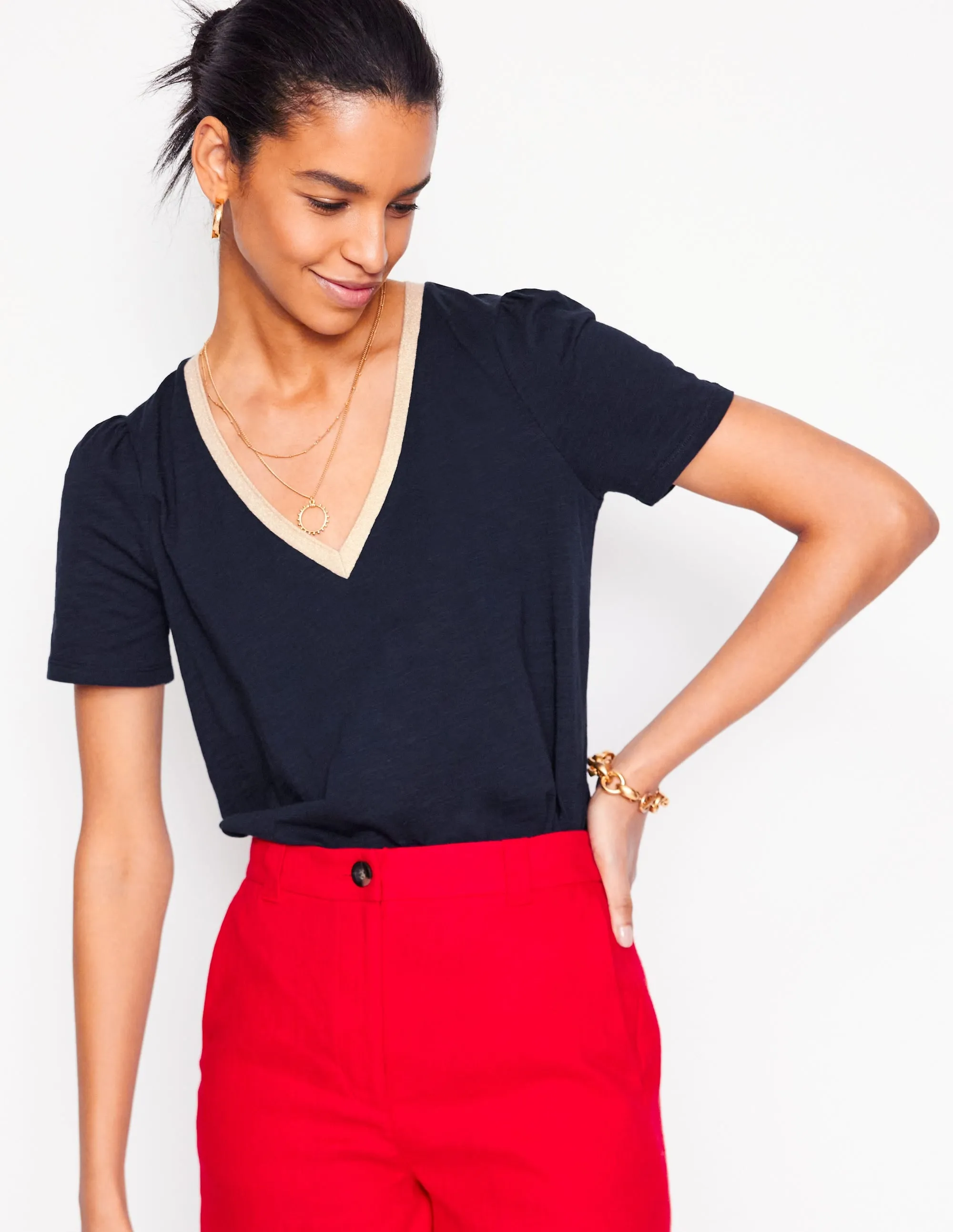 Metallic Trim V Neck T-shirt-Navy TaglessComfort