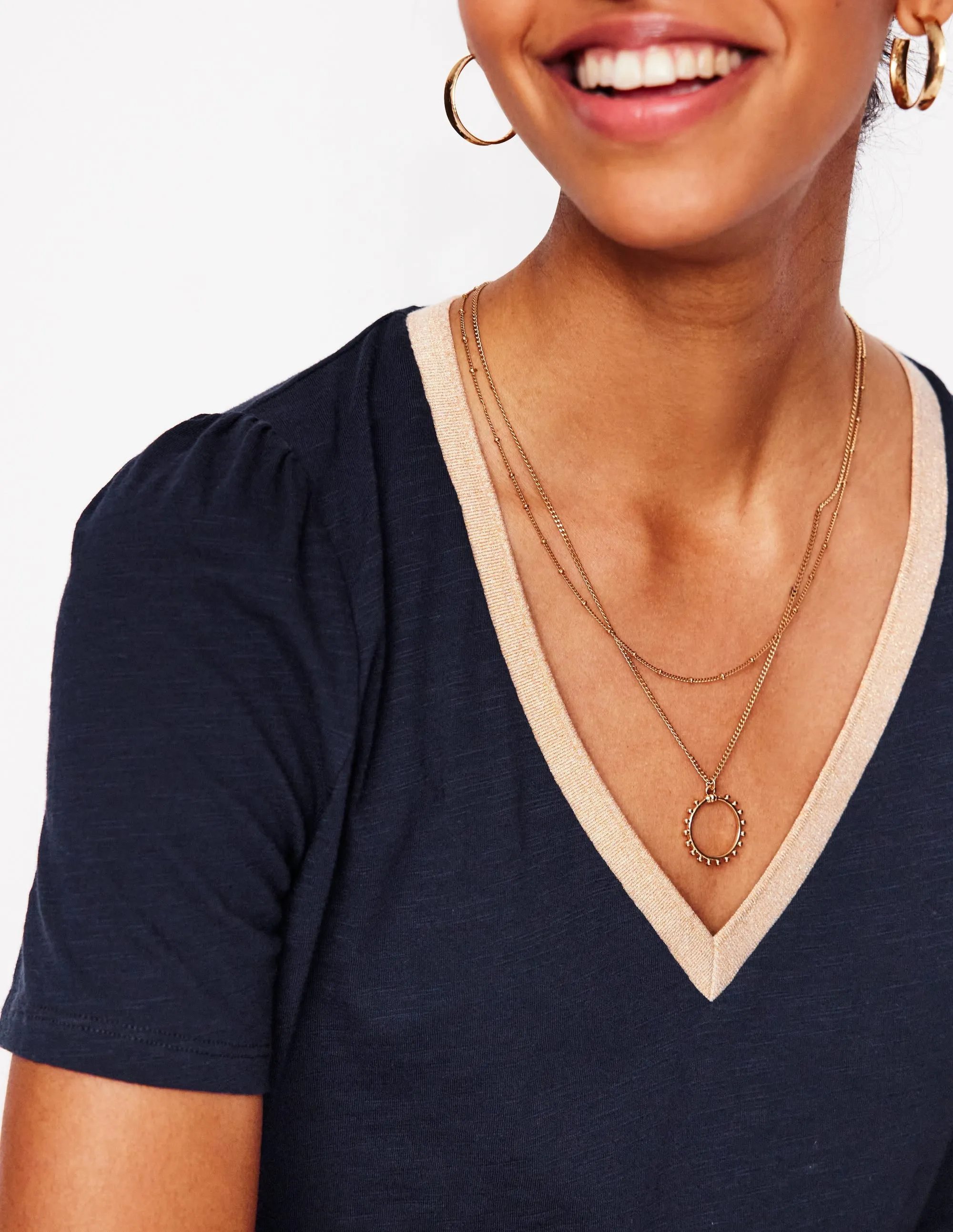 Metallic Trim V Neck T-shirt-Navy OEKOTEX Certified Fabric Adjustable Collar System