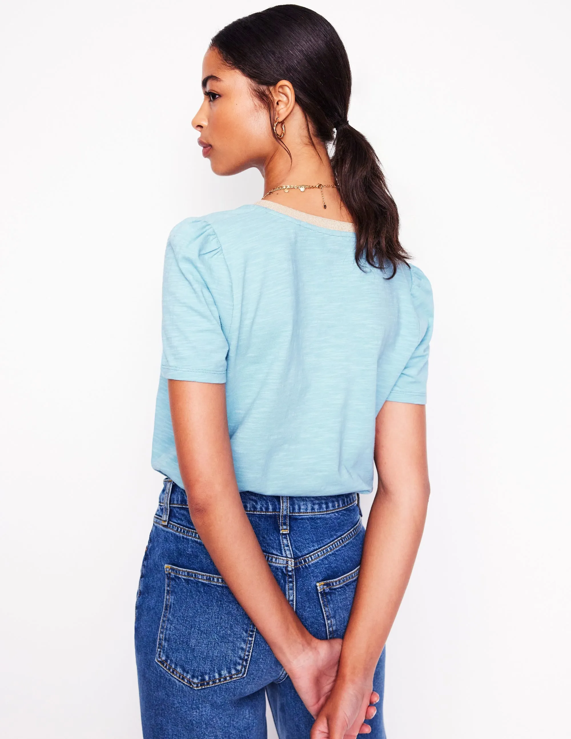 RelaxedNeckline Metallic Trim V Neck T-shirt-Soft Blue