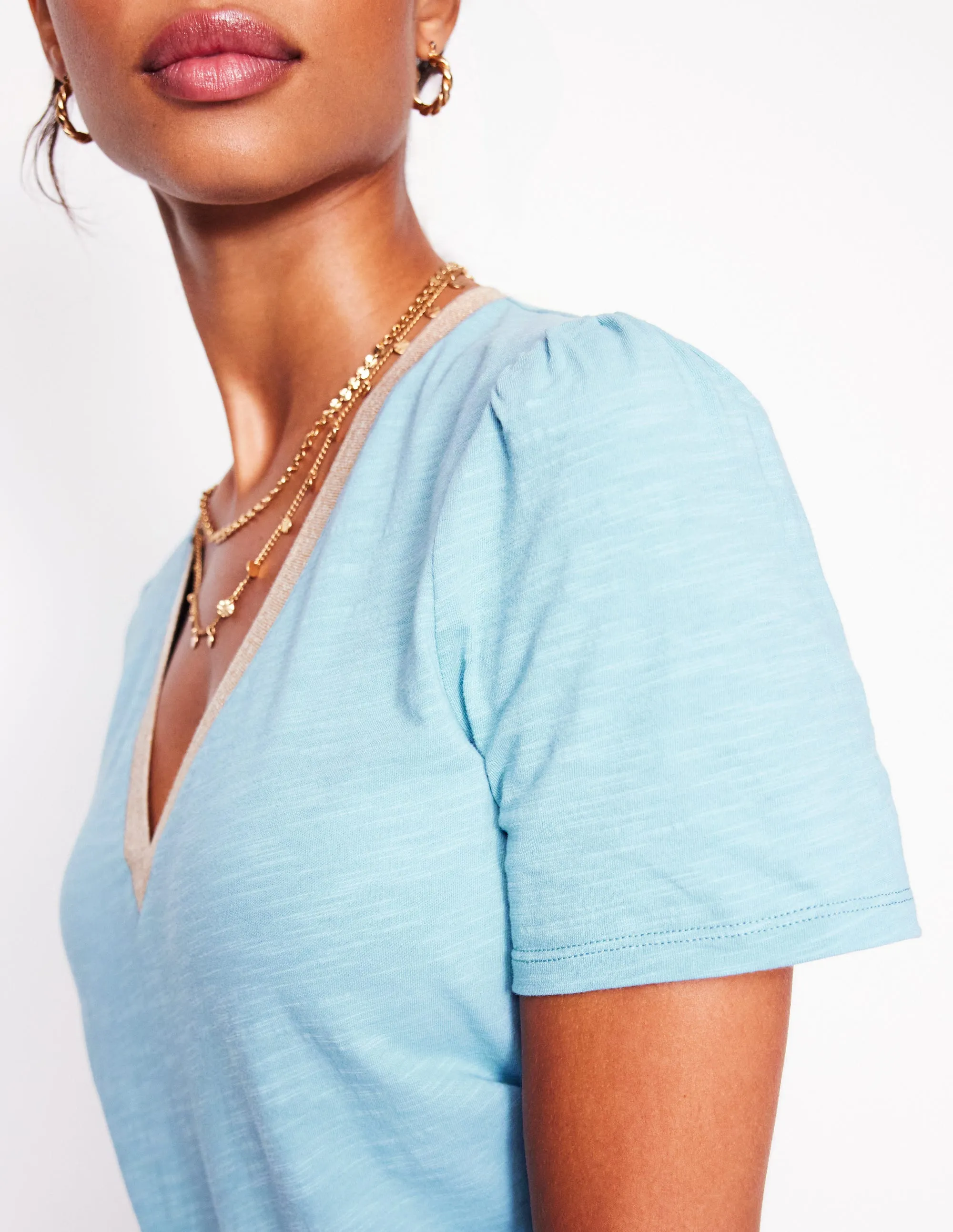 Metallic Trim V Neck T-shirt-Soft Blue Professional Look