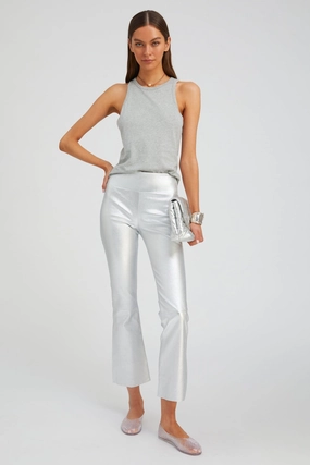 Body Hugging Fit Metallic Silver Leather Ankle Flare