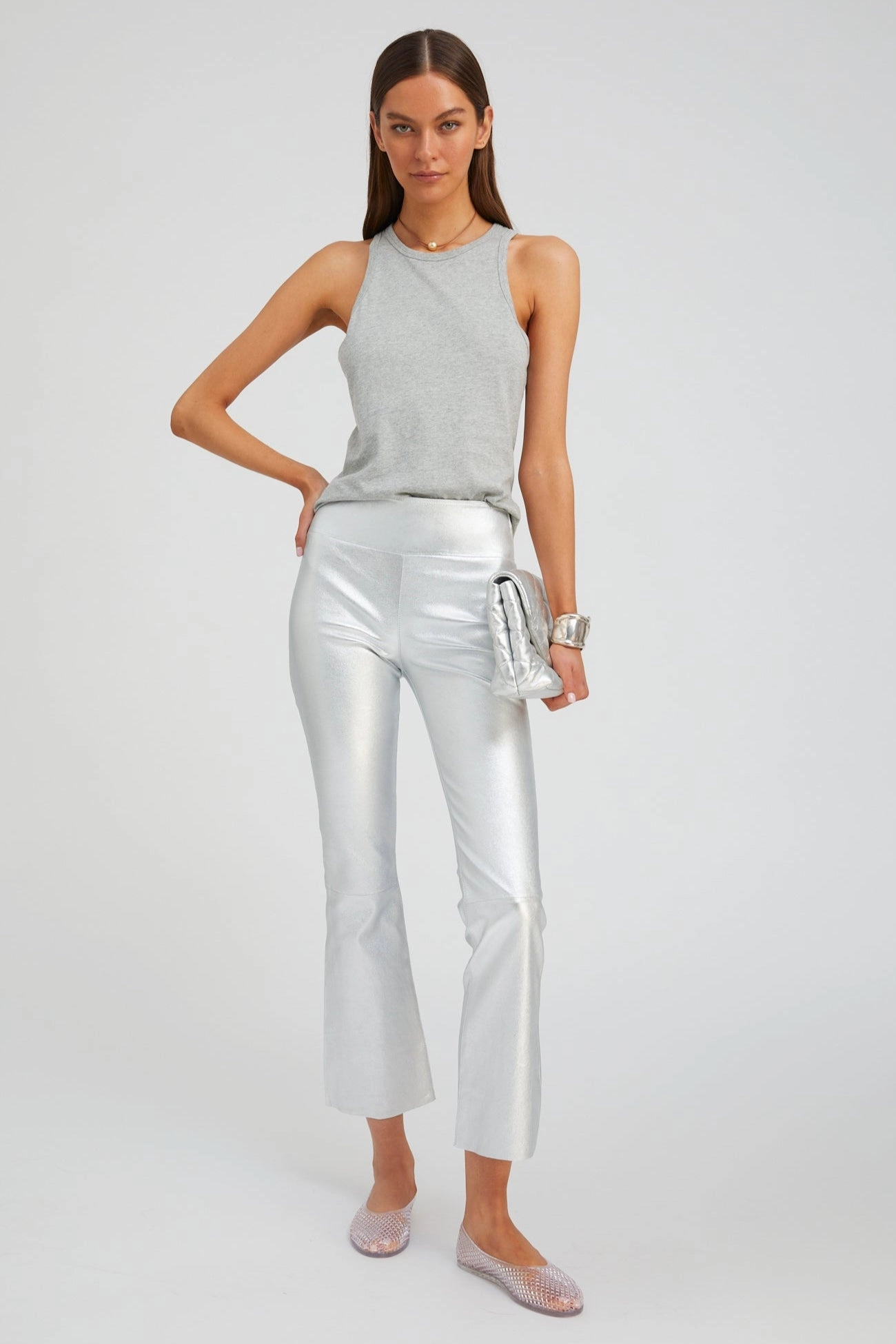 Body Hugging Fit Metallic Silver Leather Ankle Flare