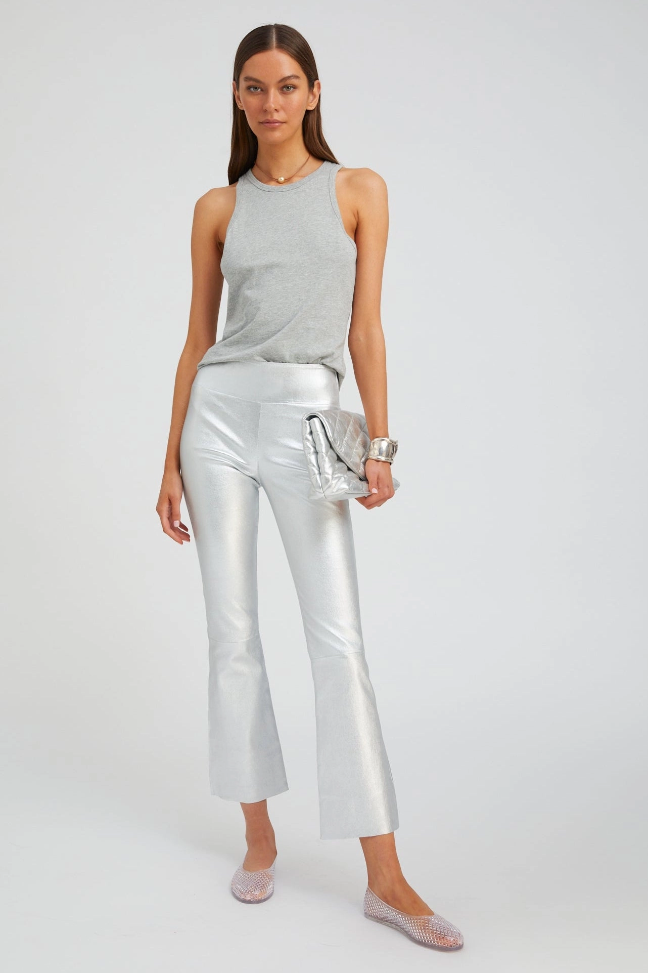 Body shaping Metallic Silver Leather Ankle Flare