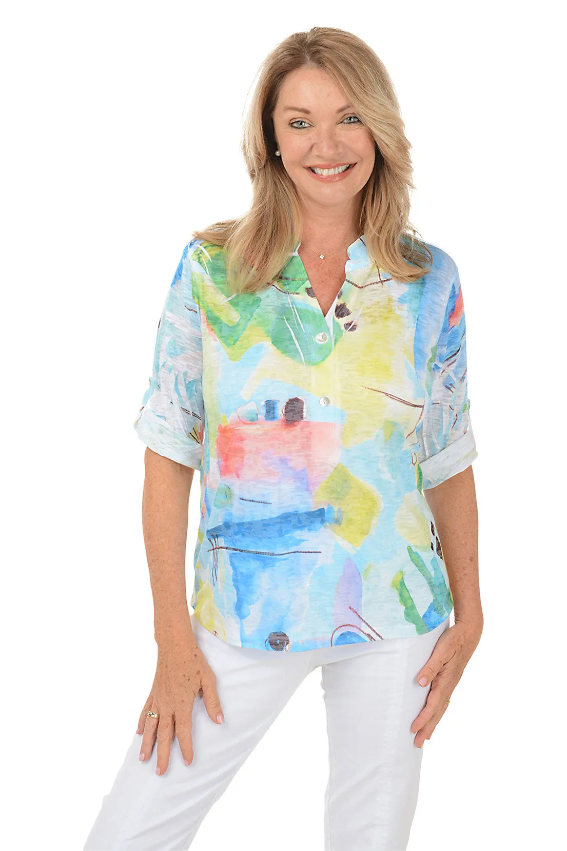 Timeless Cut Petite Abstract Waterfront High-Low Knit Top