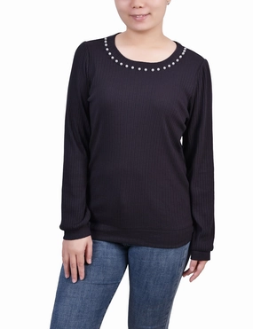 Petite Long Sleeve Ribbed Pearl Trimmed Top RelaxedFit AntiPilling Surface