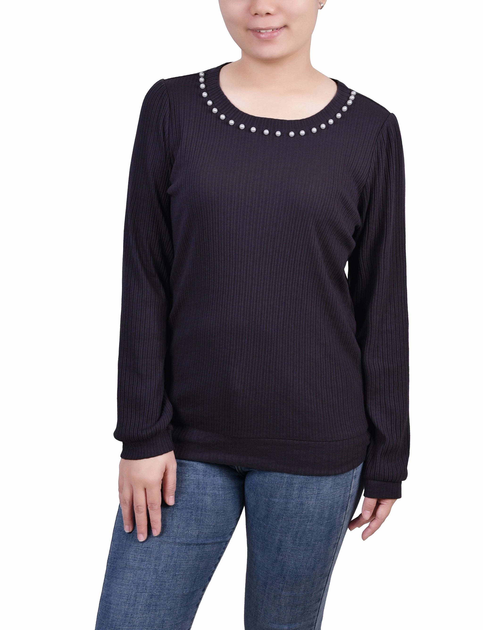UltraSoft Blend SecurePockets Petite Long Sleeve Ribbed Pearl Trimmed Top