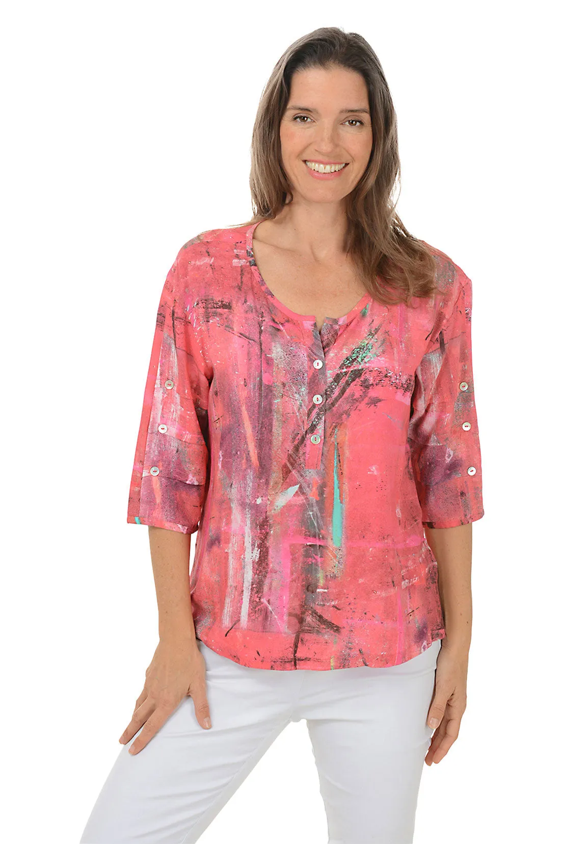 Kelly Pleated Button Sleeve Blouse Breathable mesh panel Double Faced Jersey Knit