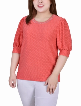 Plus Size Short Puff Sleeve Honeycomb Top NonIrritatingSeams