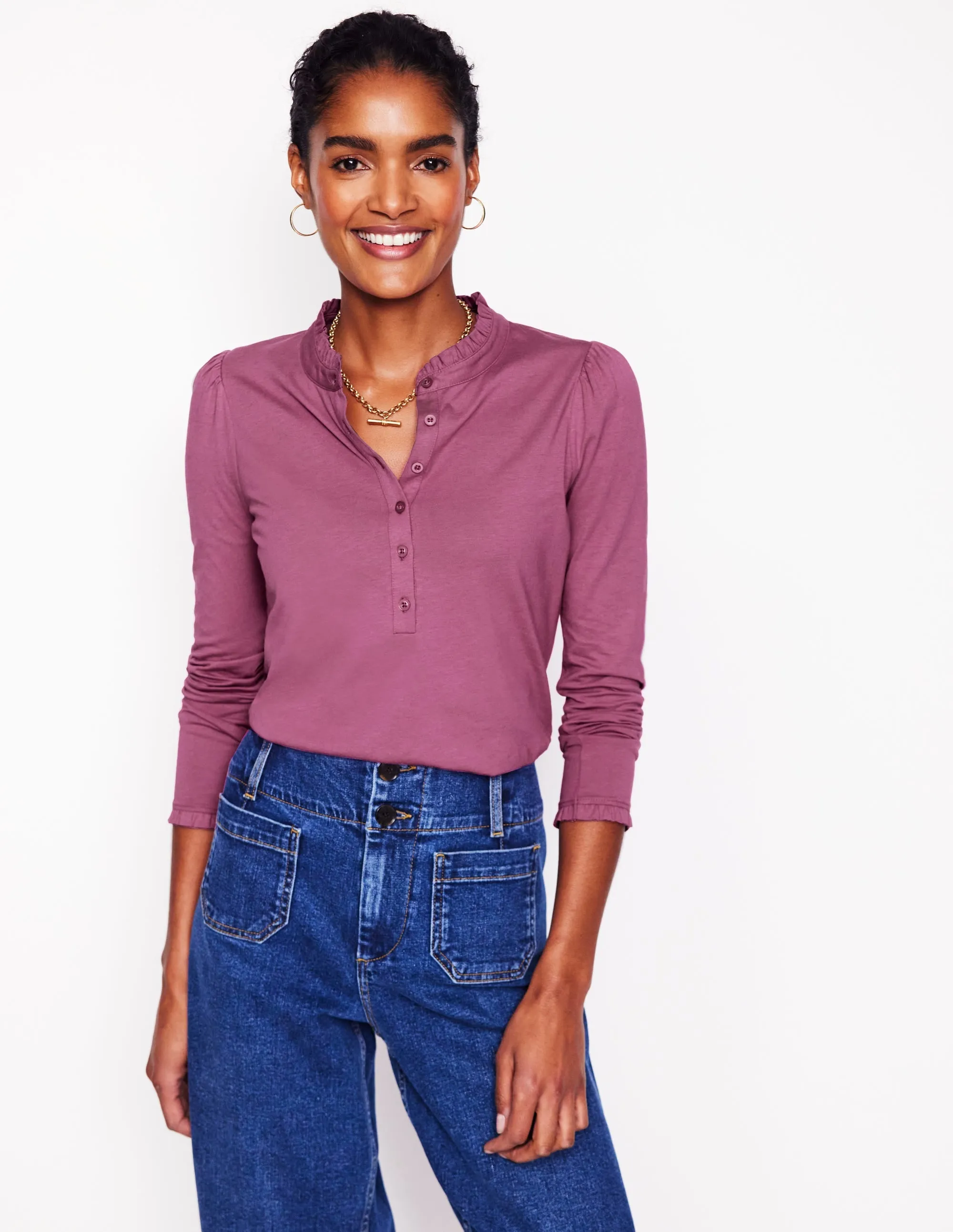 Silicone Grip Interior Breathable Knit Fabric Supersoft Frill Henley Top-Purple Damson