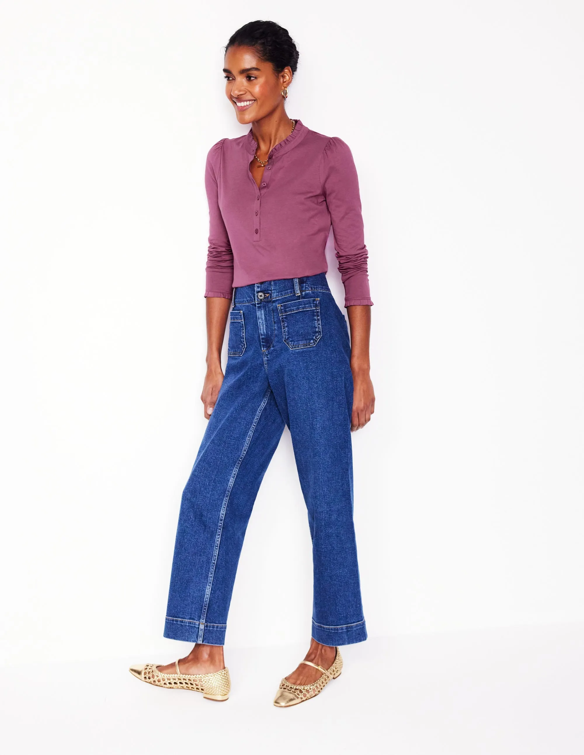 Supersoft Frill Henley Top-Purple Damson Tear Resistant DurableCollarStays