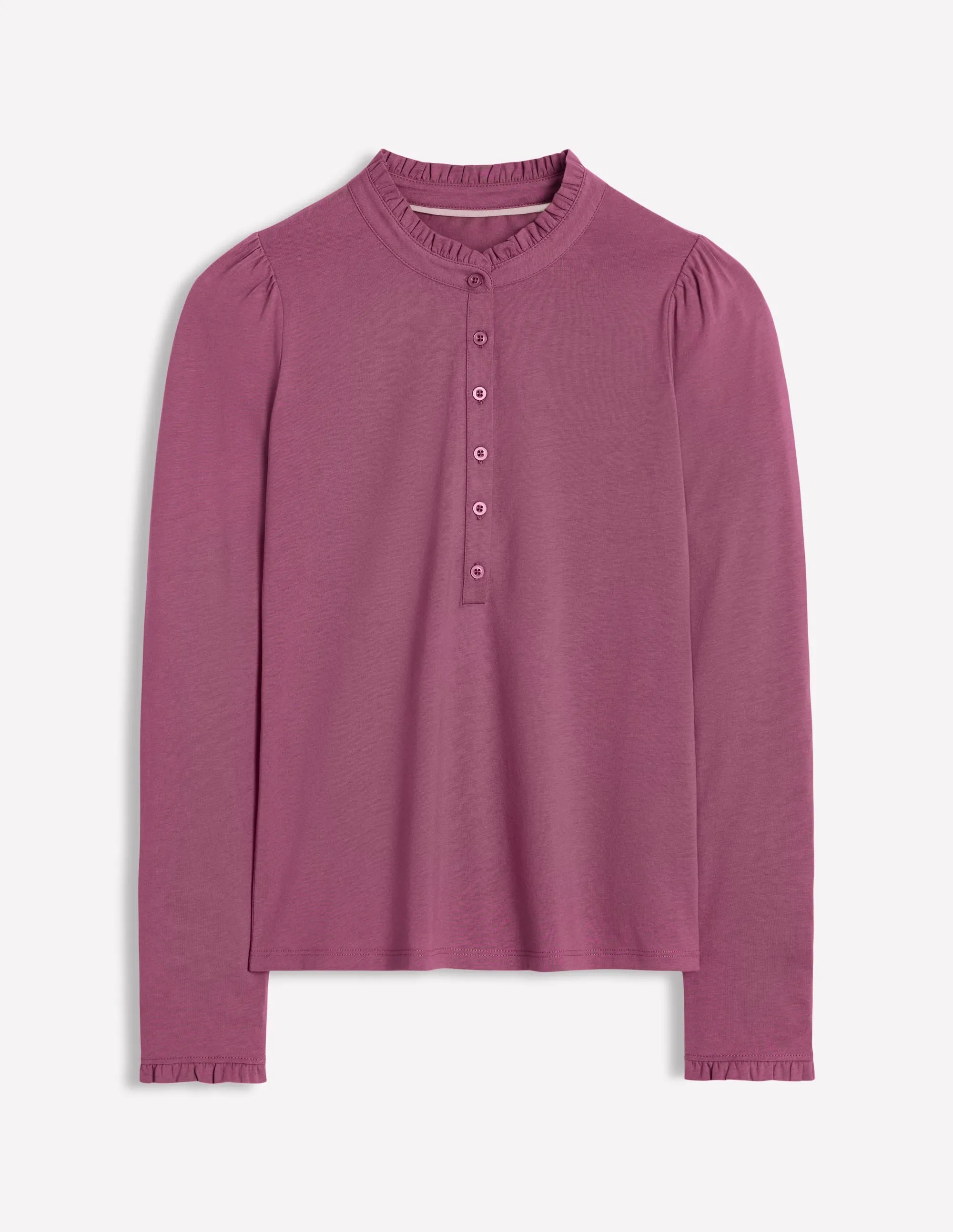 Supersoft Frill Henley Top-Purple Damson Flexible Hemline