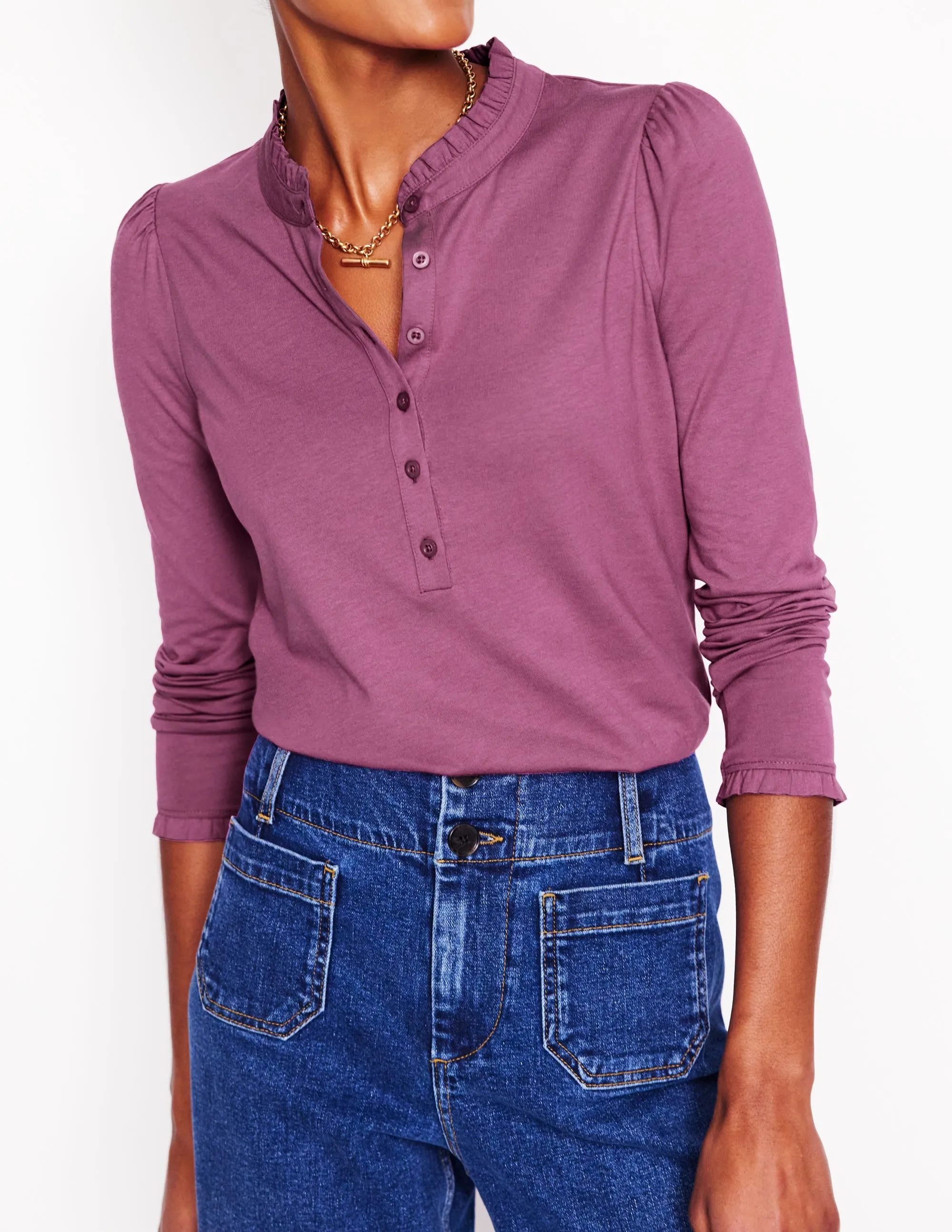 MultiPanelConstruction Supersoft Frill Henley Top-Purple Damson