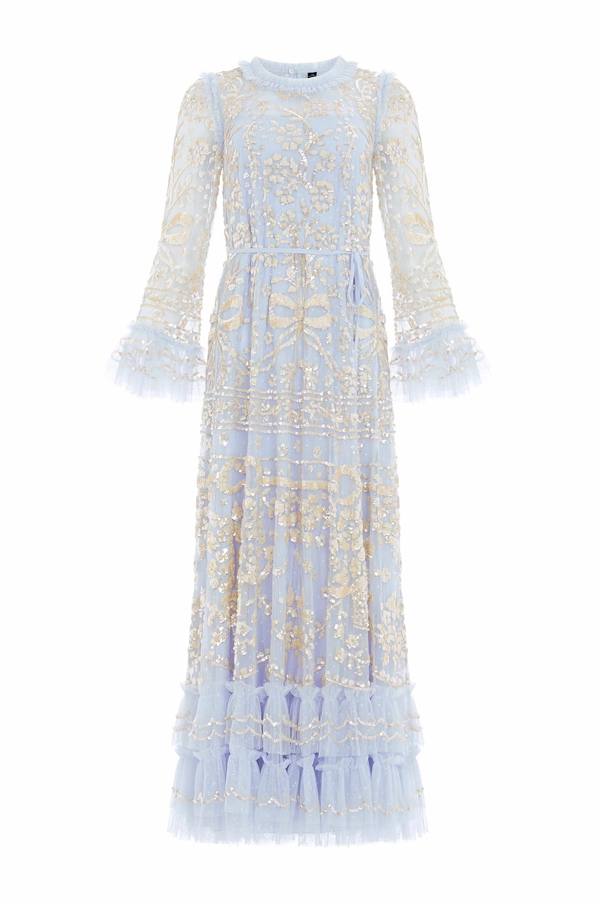 Ruched-Detail Low-Waist Celia Long Sleeve Ankle Gown