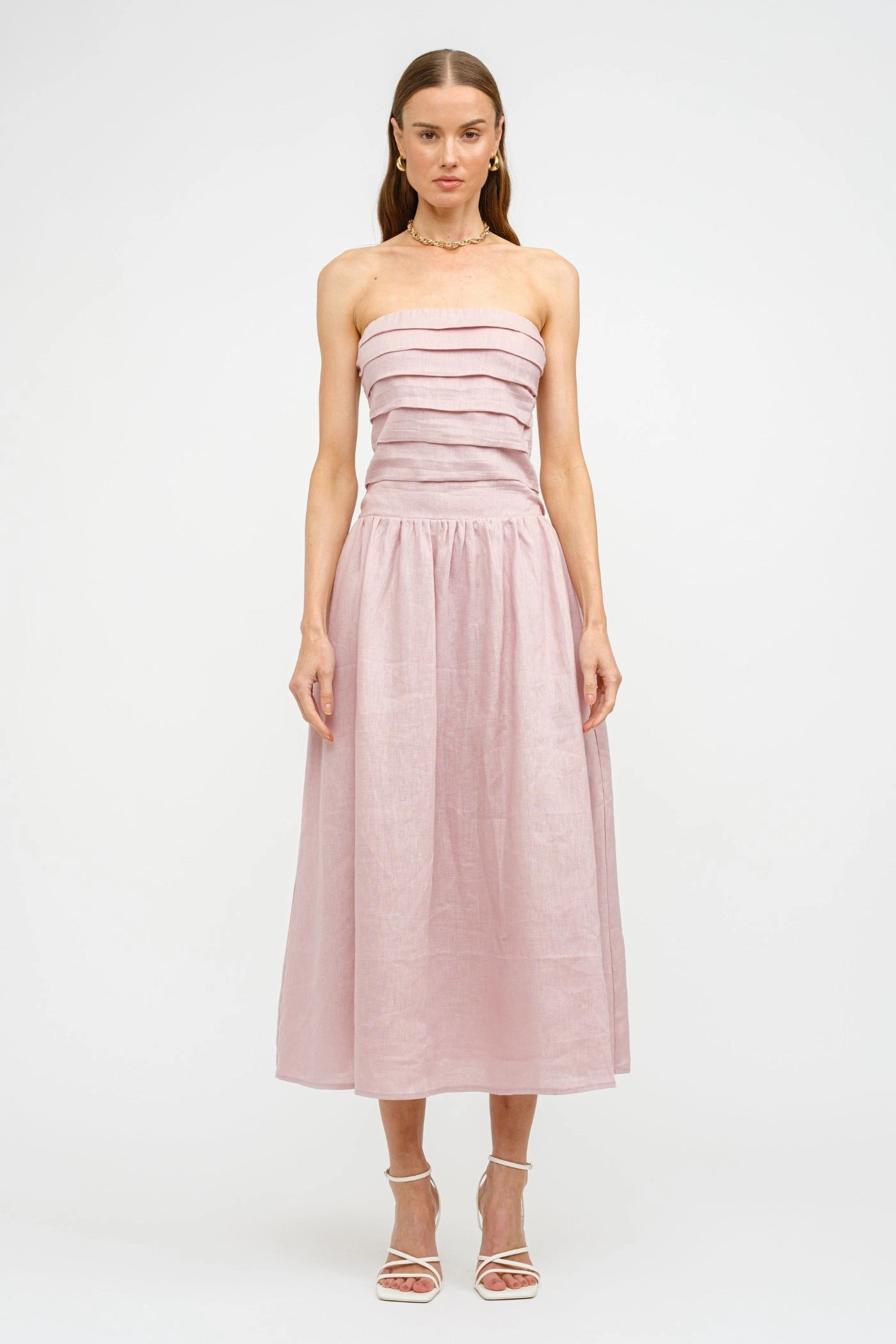 Removable-Straps Jewel Accent PENELOPE LINEN STRAPLESS MIDI DRESS