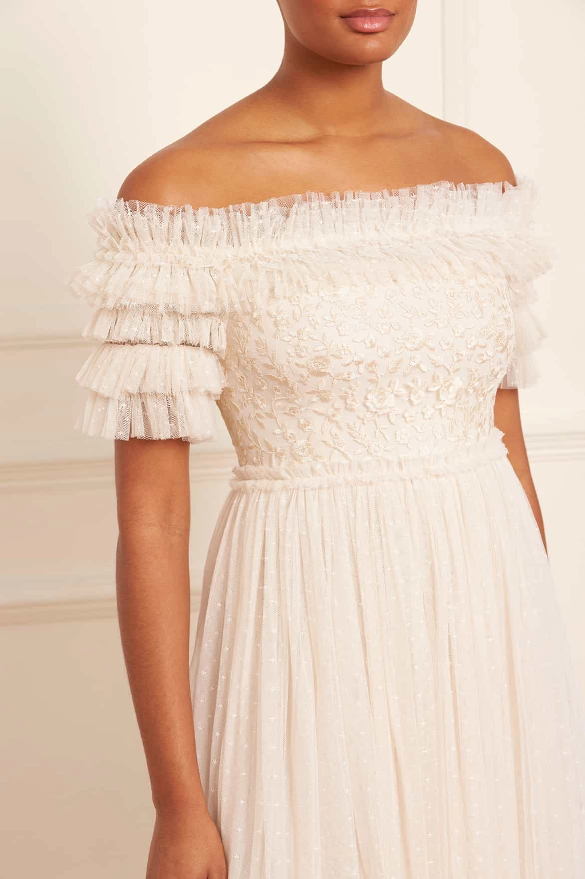 Ceremony Ready Midsummer Lace Bodice Off-Shoulder Ankle Gown