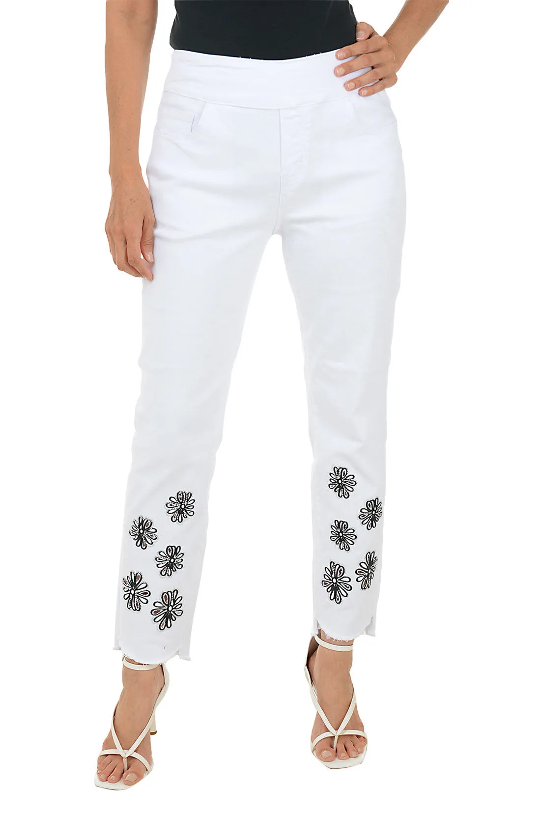 White Rhinestone Daisy Denim Pant StretchMaterial