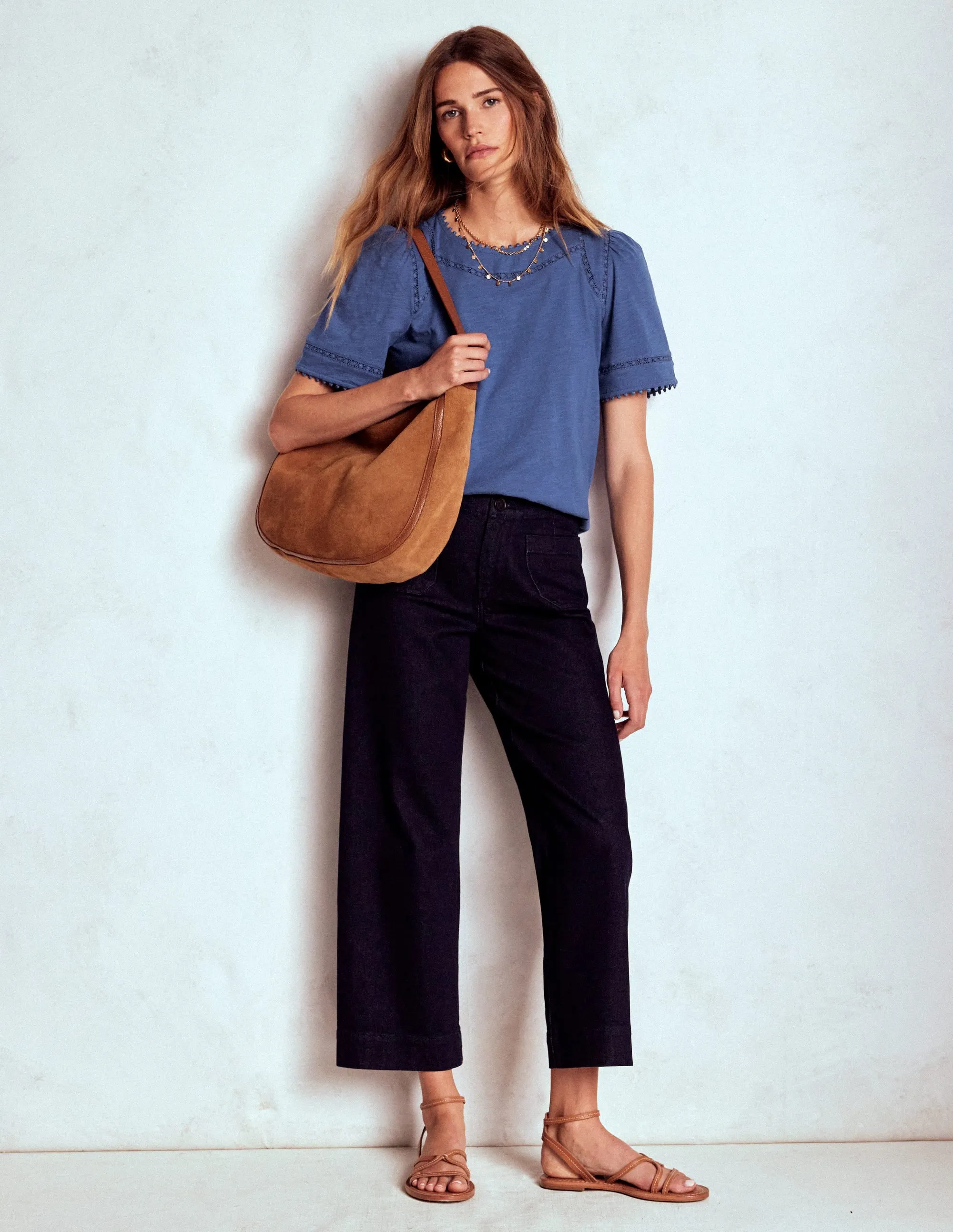 SoftKnit MicroPerforated Details Mila Lace Trim Top-Denim Blue