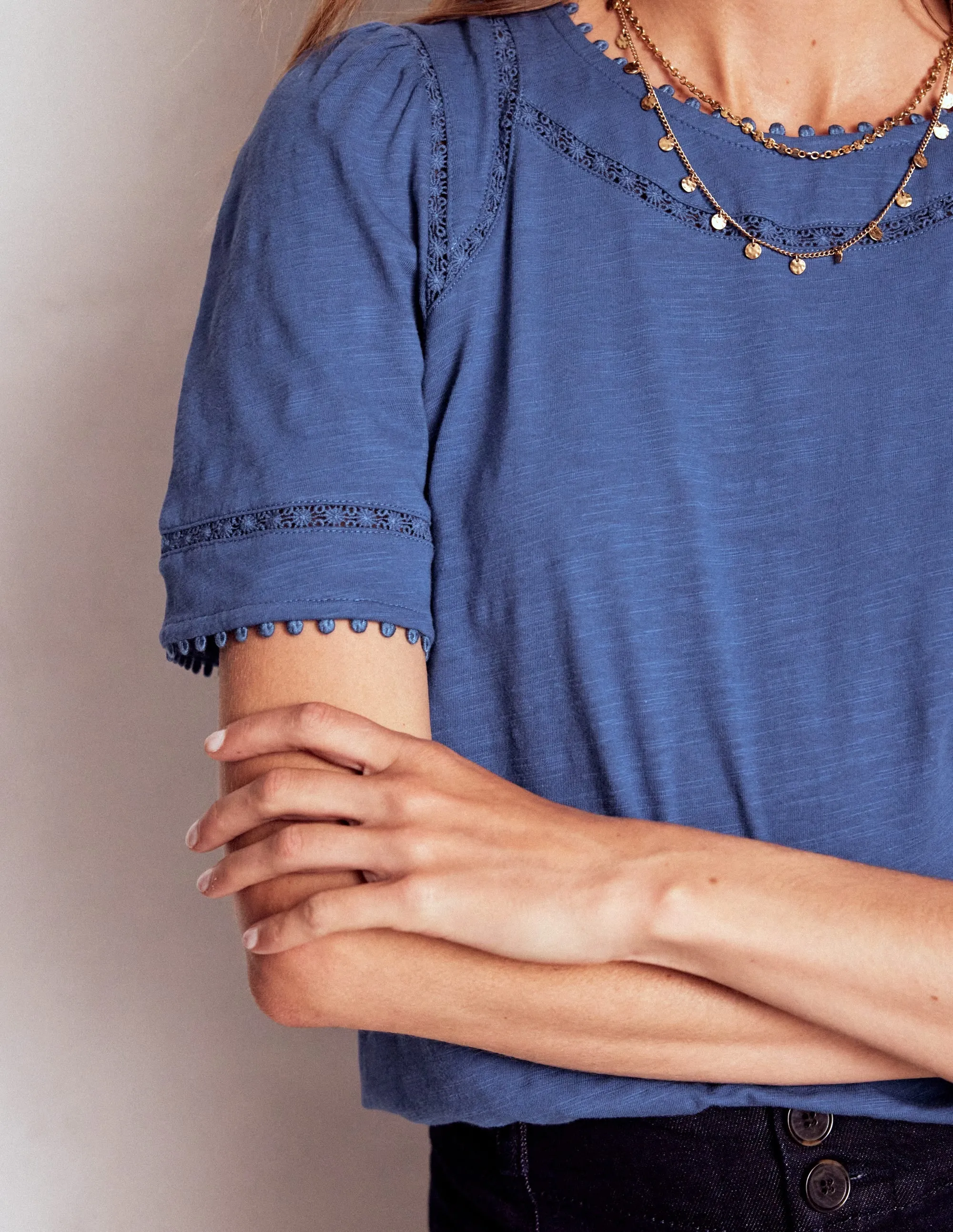 Layered Ventilation Zones Mila Lace Trim Top-Denim Blue