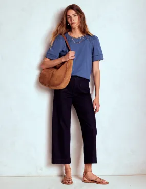 SoftKnit MicroPerforated Details Mila Lace Trim Top-Denim Blue