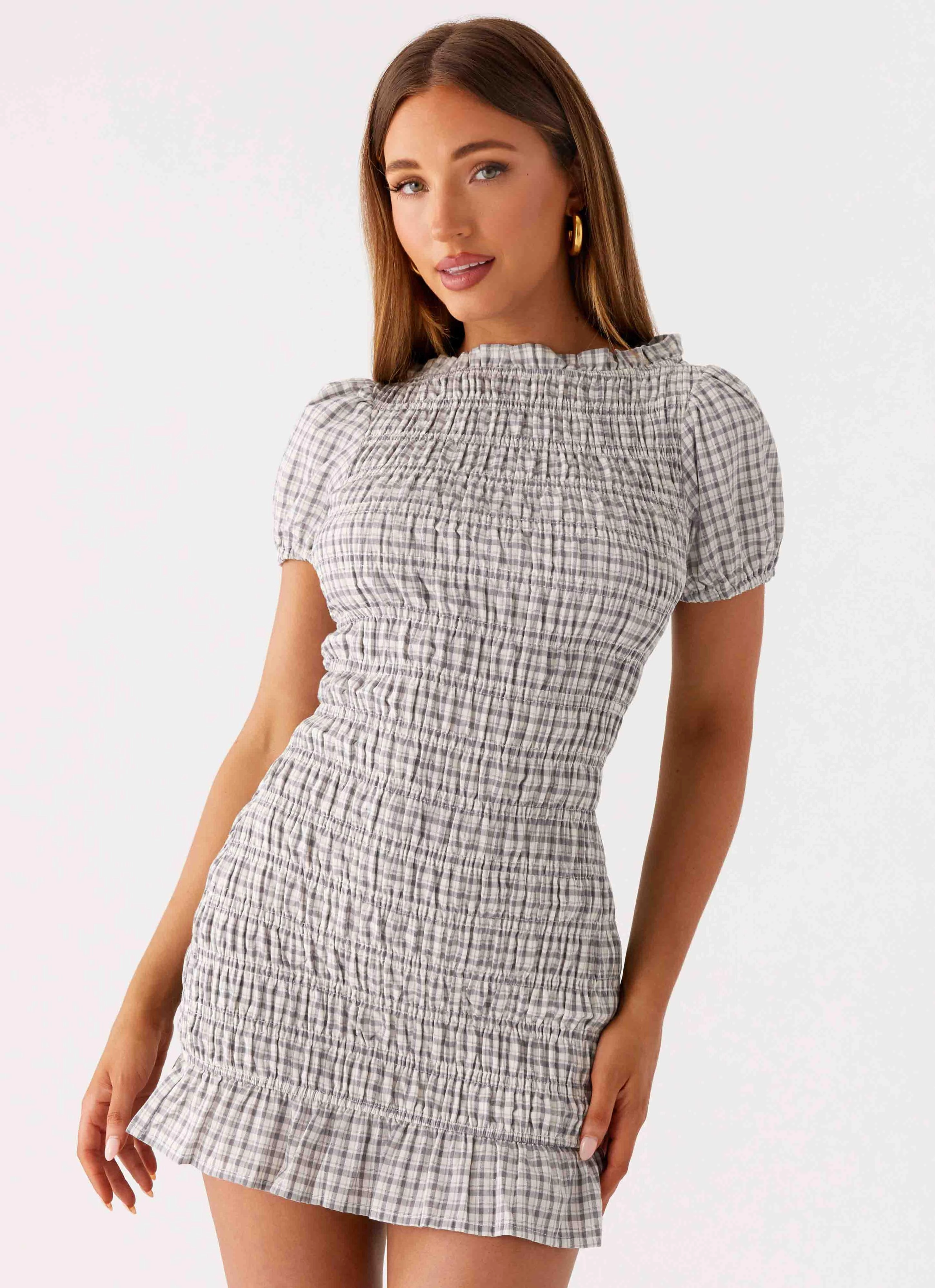 Millicent Ruched Mini Dress - Grey Check