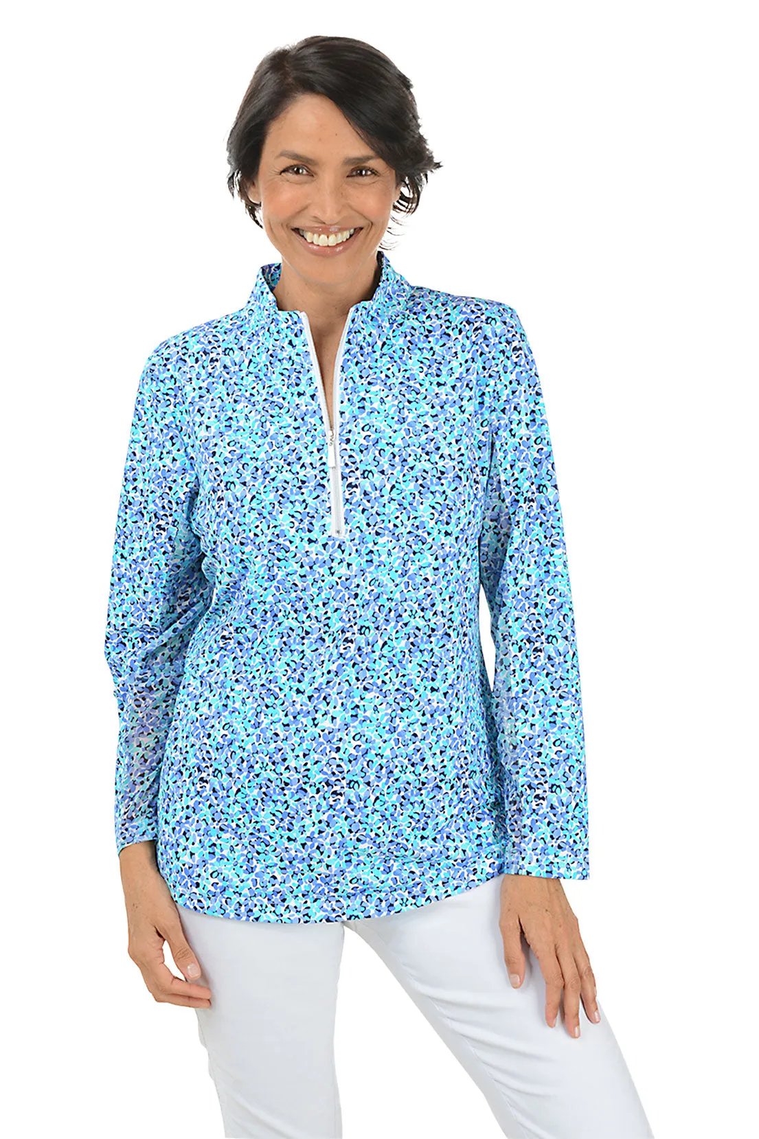 Mini Flowers Cooling UPF50  Mock Neck Top Durable Chainstitch MultiFunctionalDesign