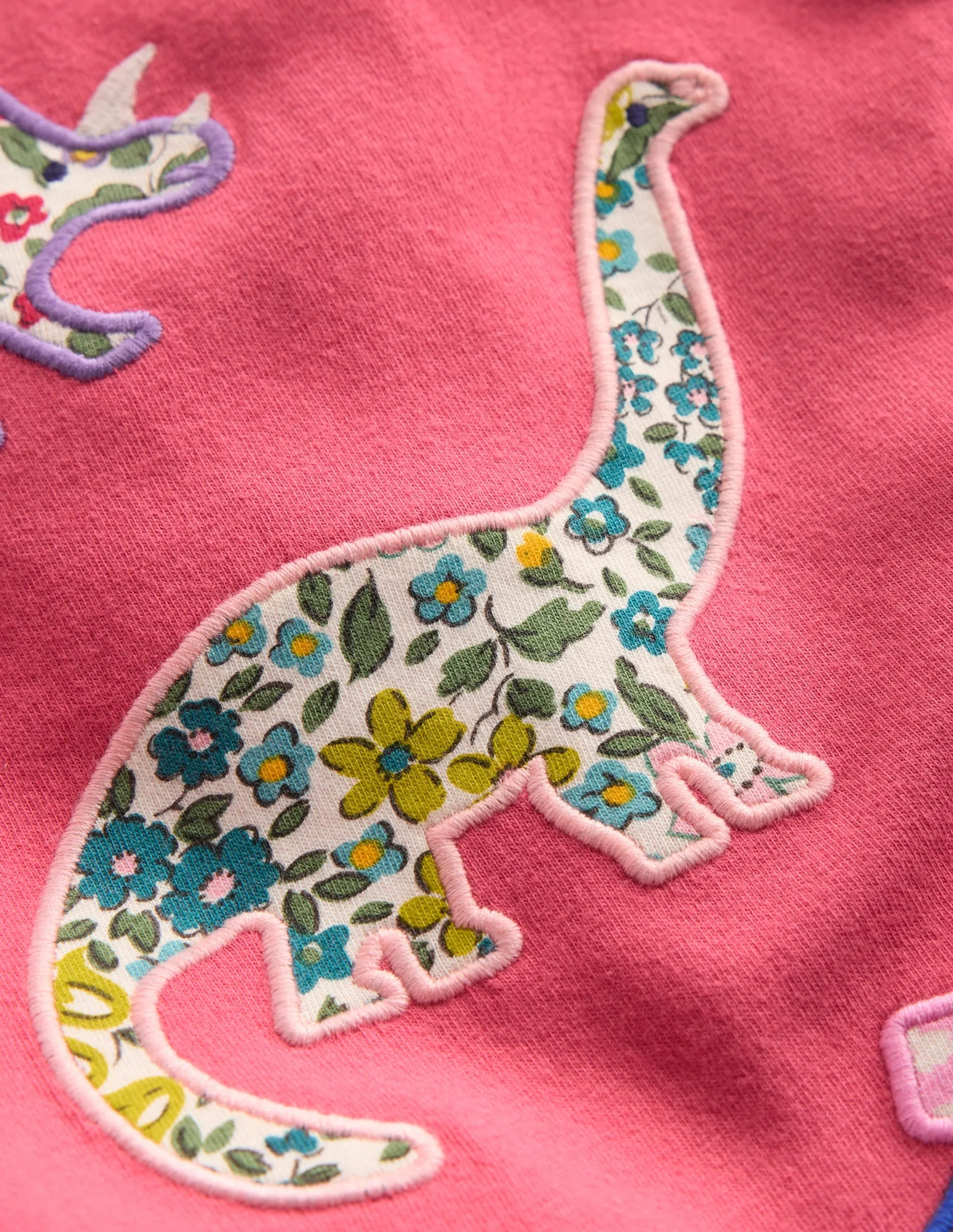 Chafe Free Armhole Frill Neck Appliqu T-shirt-Rose Pink Dinosaurs