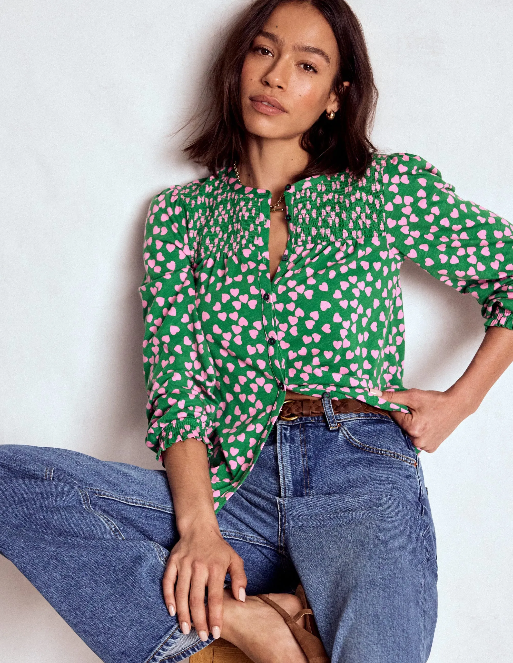 Elsa Smocked Yoke Jersey Shirt-Highland Green, Heart Cascade Unlined Design MeshVentilation