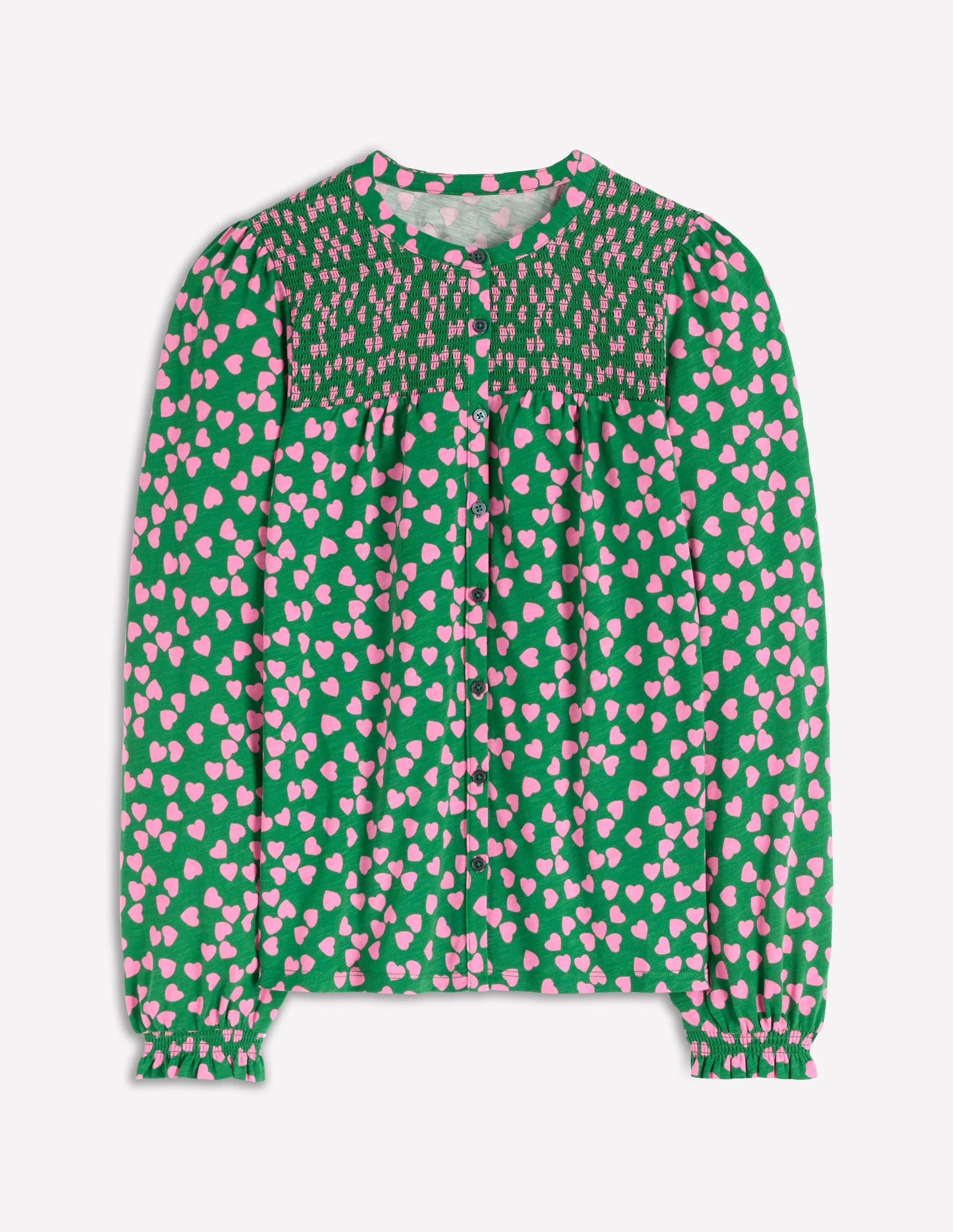 Comfortable Fabric NonRestrictiveCut Elsa Smocked Yoke Jersey Shirt-Highland Green, Heart Cascade