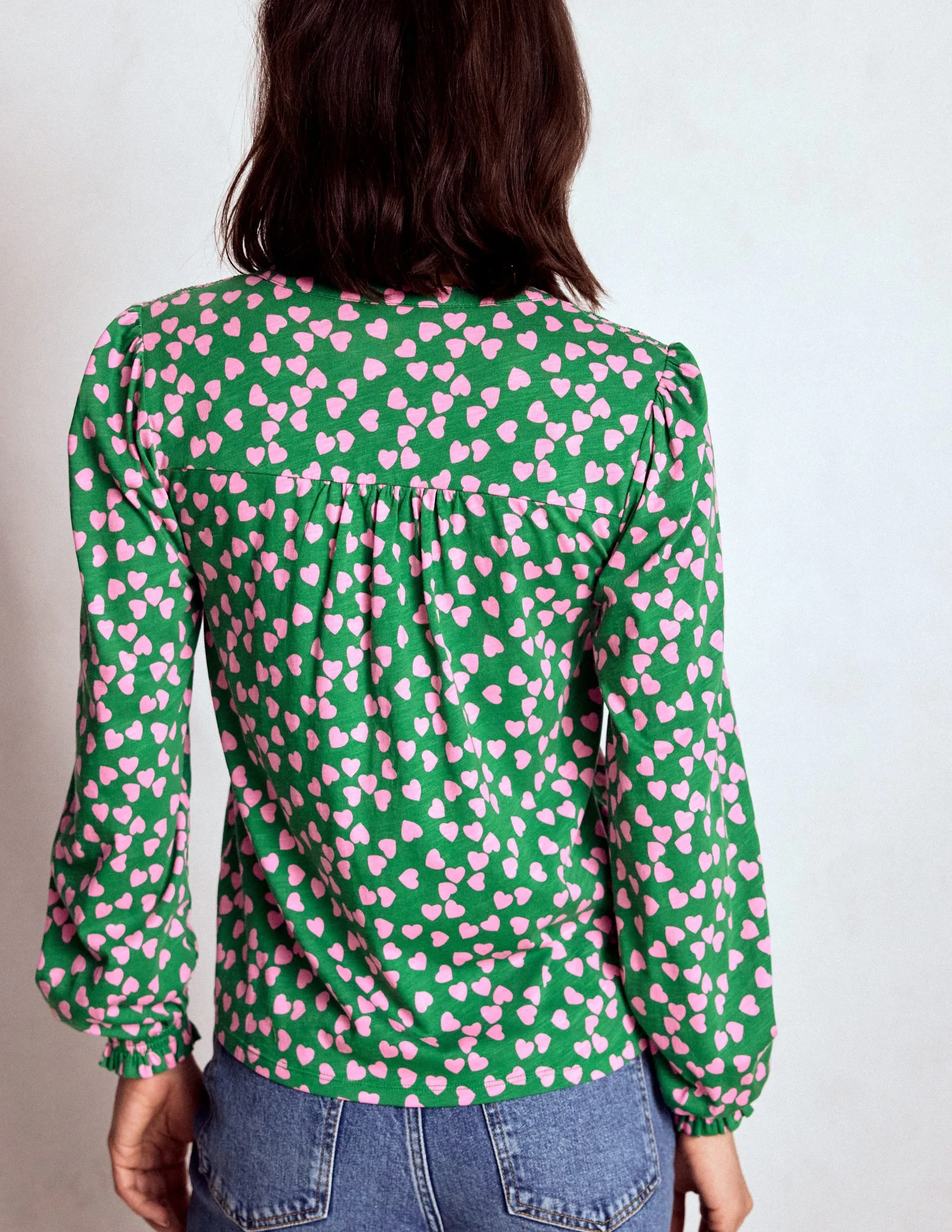 HeavyweightThermal Elsa Smocked Yoke Jersey Shirt-Highland Green, Heart Cascade